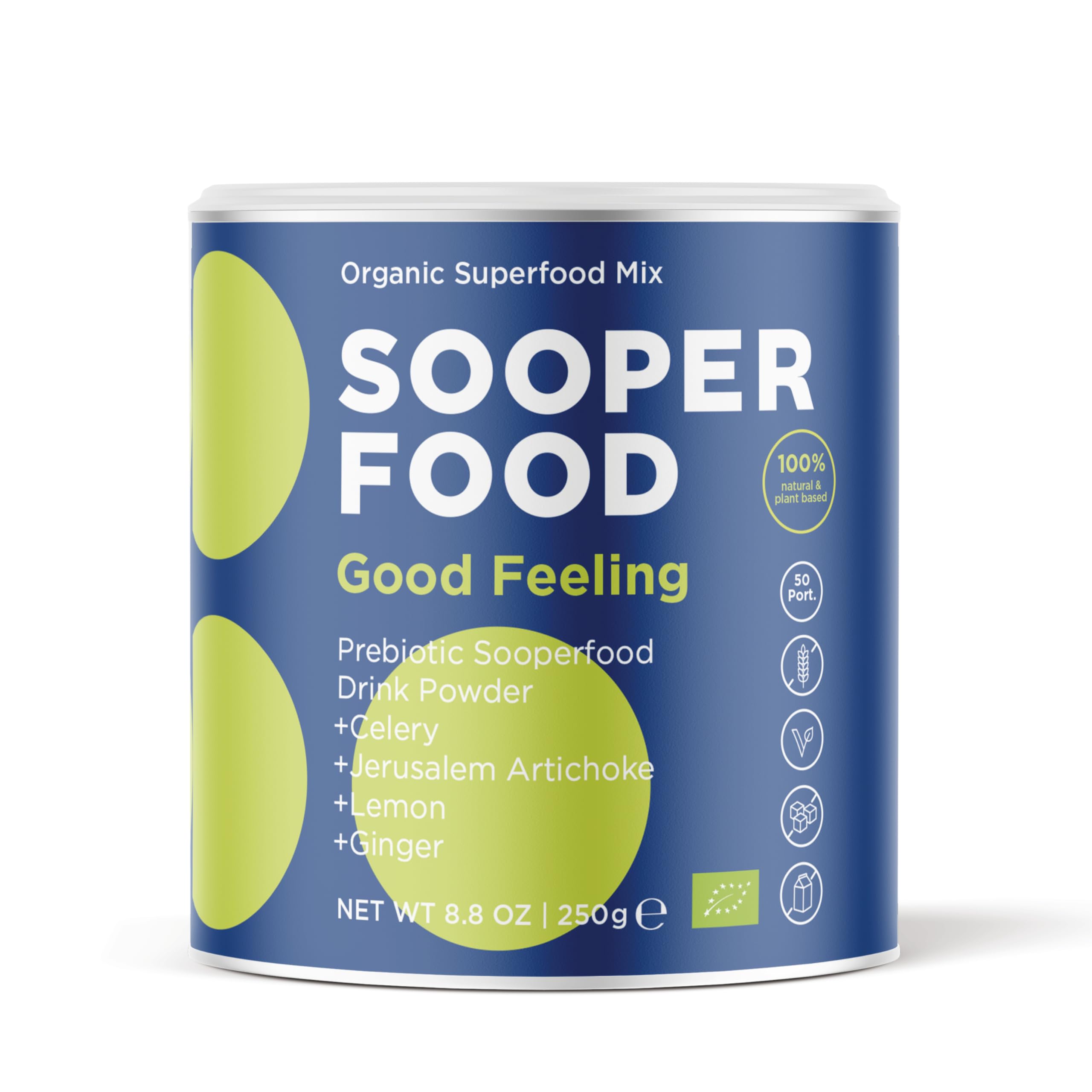 SOOPER FOOD Good Feeling | Veganer Bio Instant-Selleriesaft mit Ingwersaftpulver | Mit Ballaststoffen aus Sellerie, Topinambur & Ingwer | ohne Zusatzstoffe | 50 Portionen | 250g