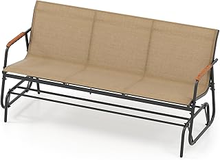 Tangkula 3-Person Outdoor Glider Bench, Patio Gliding Loveseat with Breathable Fabric Seat, Curved Teak Wood Armrests and Metal Frame, Swing Rocking Chair for Backyard, Garden, Porch, Balcony (3 Seat)