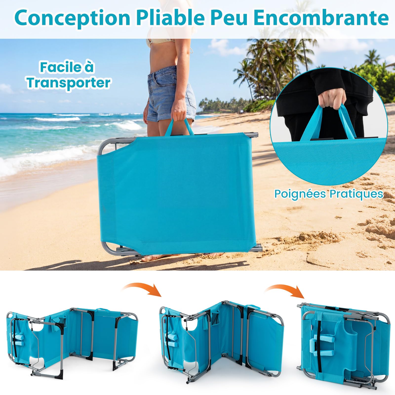 COSTWAY Bain de Soleil Réglable à 4 Positions, Chaise Longue Pliante, Trous pour Visage&Bras, Poche Latérale, Appuie-Tête Amovible, Transat pour Jardin Piscine Terrasse, Charge 150 kg (Turquoise)