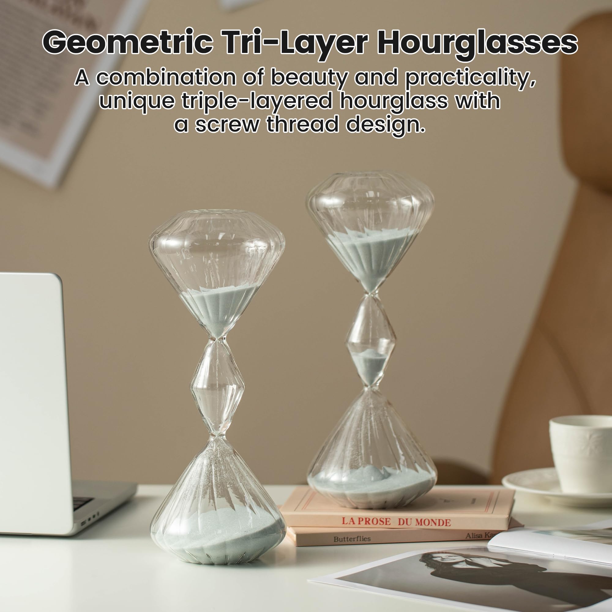 Temporizador de reloj de arena para decoración de mesa, juego de 2 temporizadores de arena de 60 minutos, herramienta de gestión de tiempo y productividad, vaso de arena de tres capas de 1 hora para