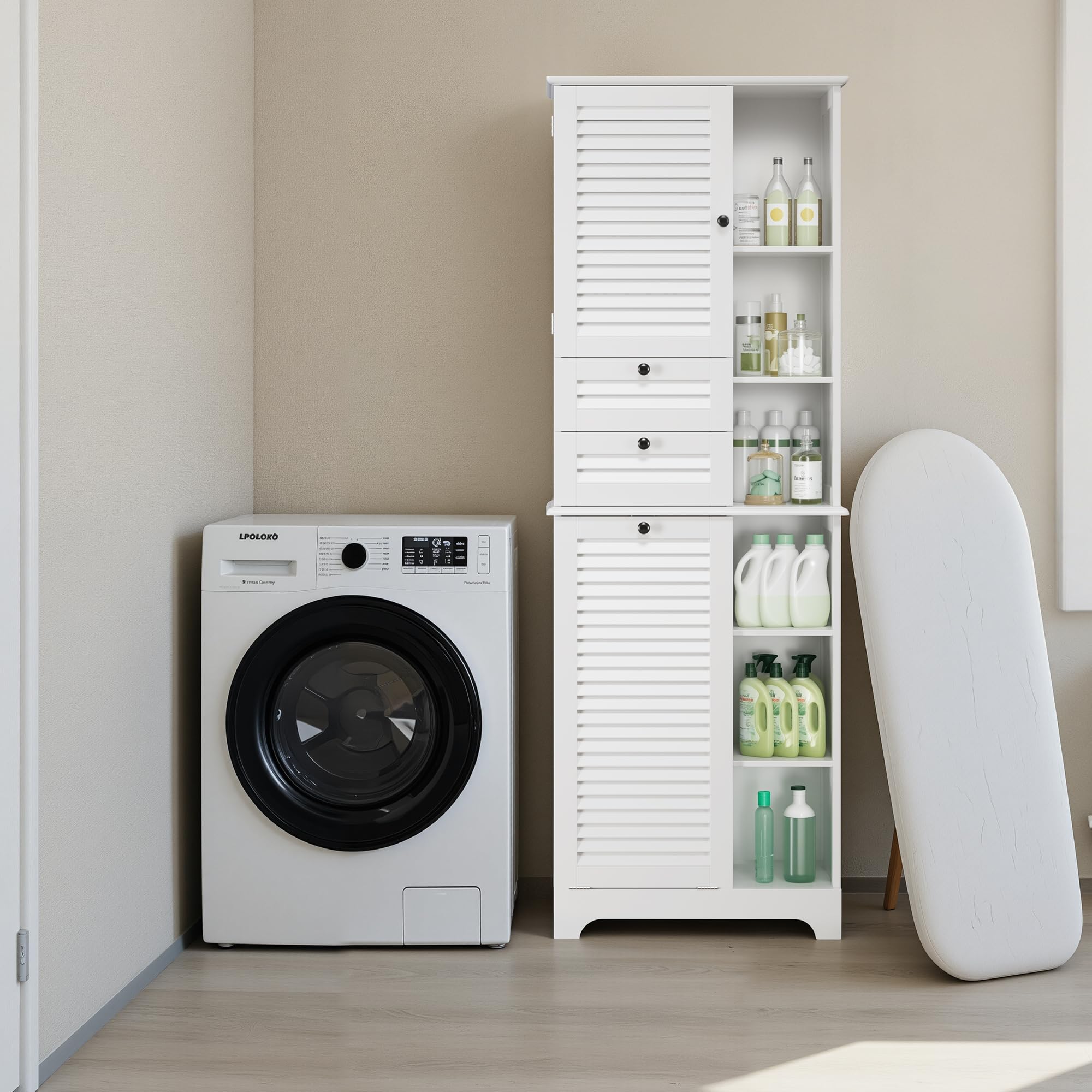 Xbro Mueble Baño con Cesto para Ropa, Armario Columna con Estantería y Puerta con Balda Ajustable, para Baño Pequeño, 40 x 170 x 37 cm, Blanco