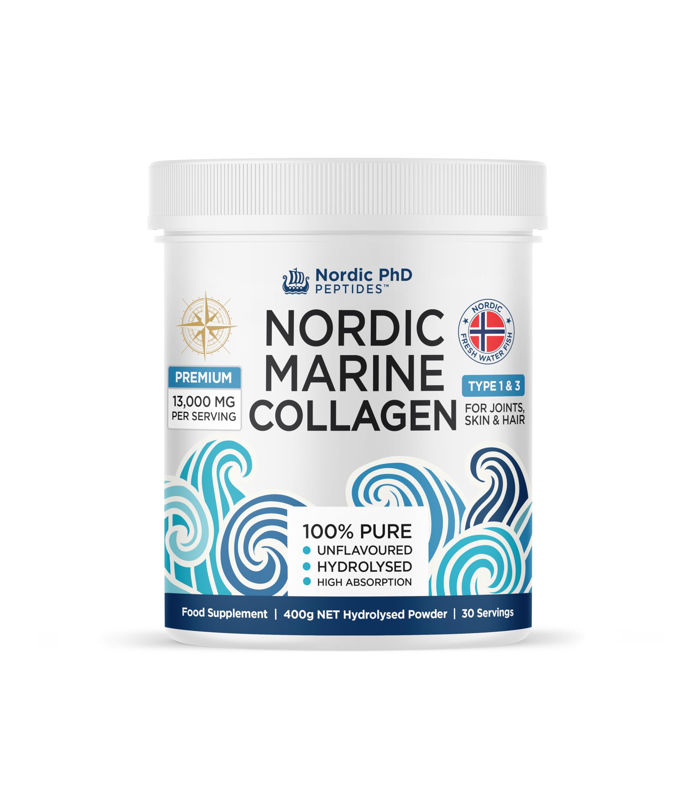 Nordic Marine Poudre de collagène – Peptides de collagène hydrolysés 100 % purs – Type I et III – 13 000 mg par portion – Haute absorption – Non aromatisé – 400 g | 30 portions