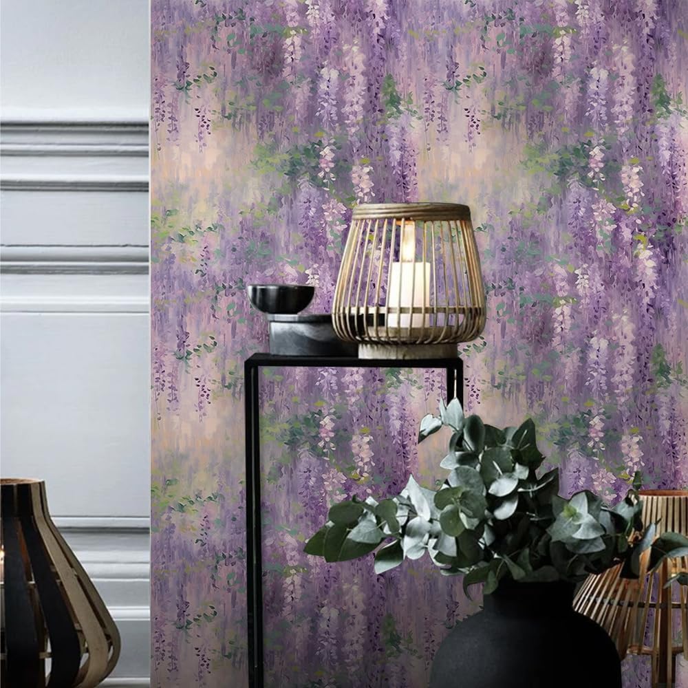 18"x236" Watercolor Purple Sophora Flower Green Leaf Peel and Stick Wallpaper Easy Peel Off Contact Paper Vintage Vinyl Self Adhesive Removable Stick on Wall Paper for Kitchen Cabinet Renter Friendly