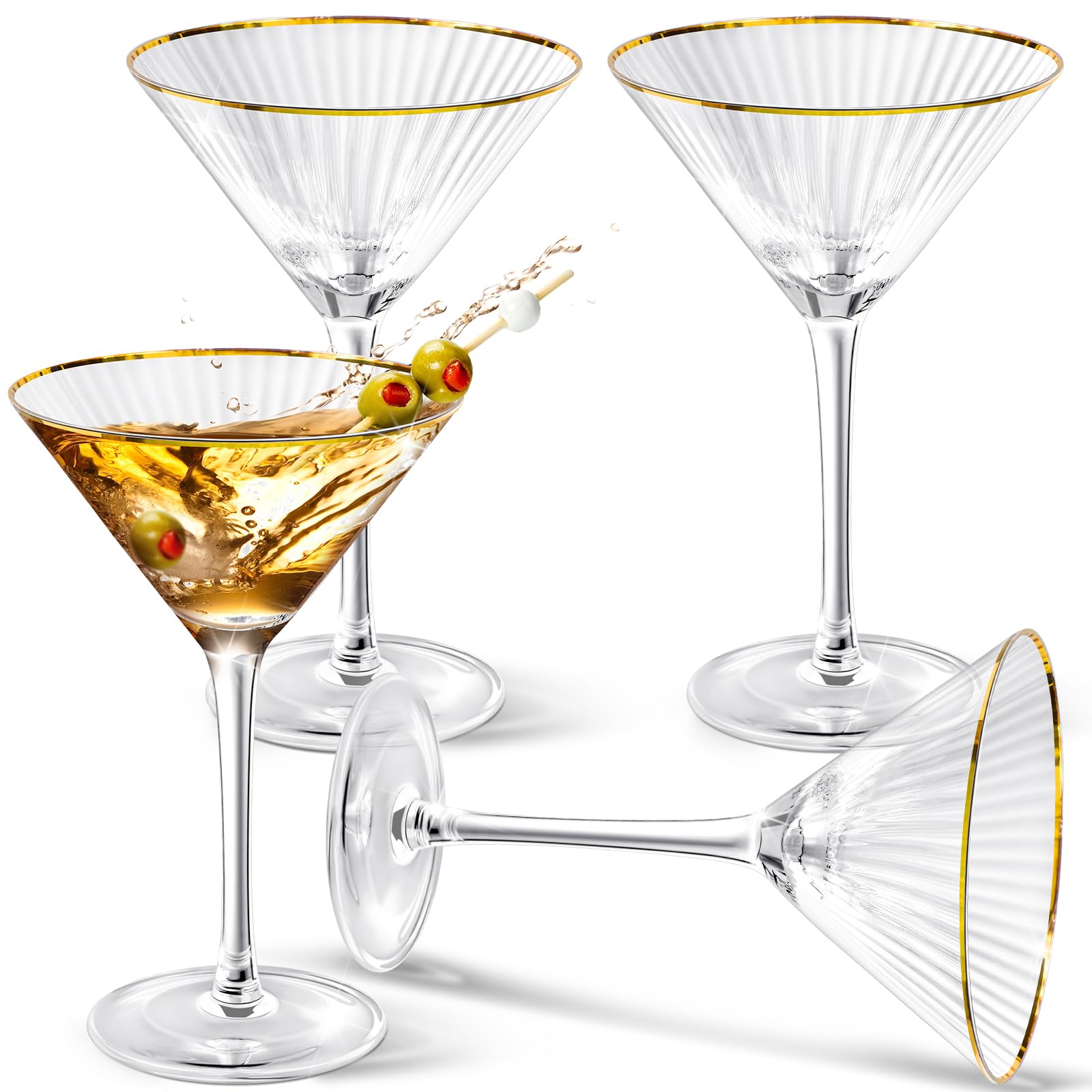 Teenyyou Gold Rim Martini Glasses Set of 4 Ribbed Coupe Glasses with Stem 9 oz Reusable Crystal Champagne Cocktail Margarita Whiskey Tequila Glassware