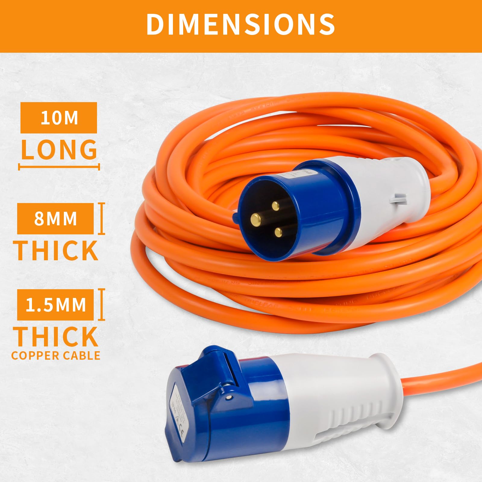 AOHEWEI Câble d'extension CEE de 10 m, câble d'extension électrique Robuste pour Caravane, câble d'alimentation Secteur Orange 16 A 240 V pour Camping-Car