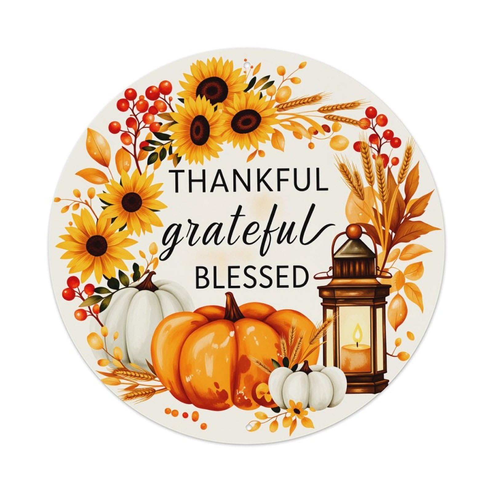 Thankful Grateful Blessed Autumn Harvest_1 Round Tin Sign Vintage Metal Poster Retro Bar, Home, Man Cave, Kitchen, Laundry Room Wall Art Decor Gift 8x8In