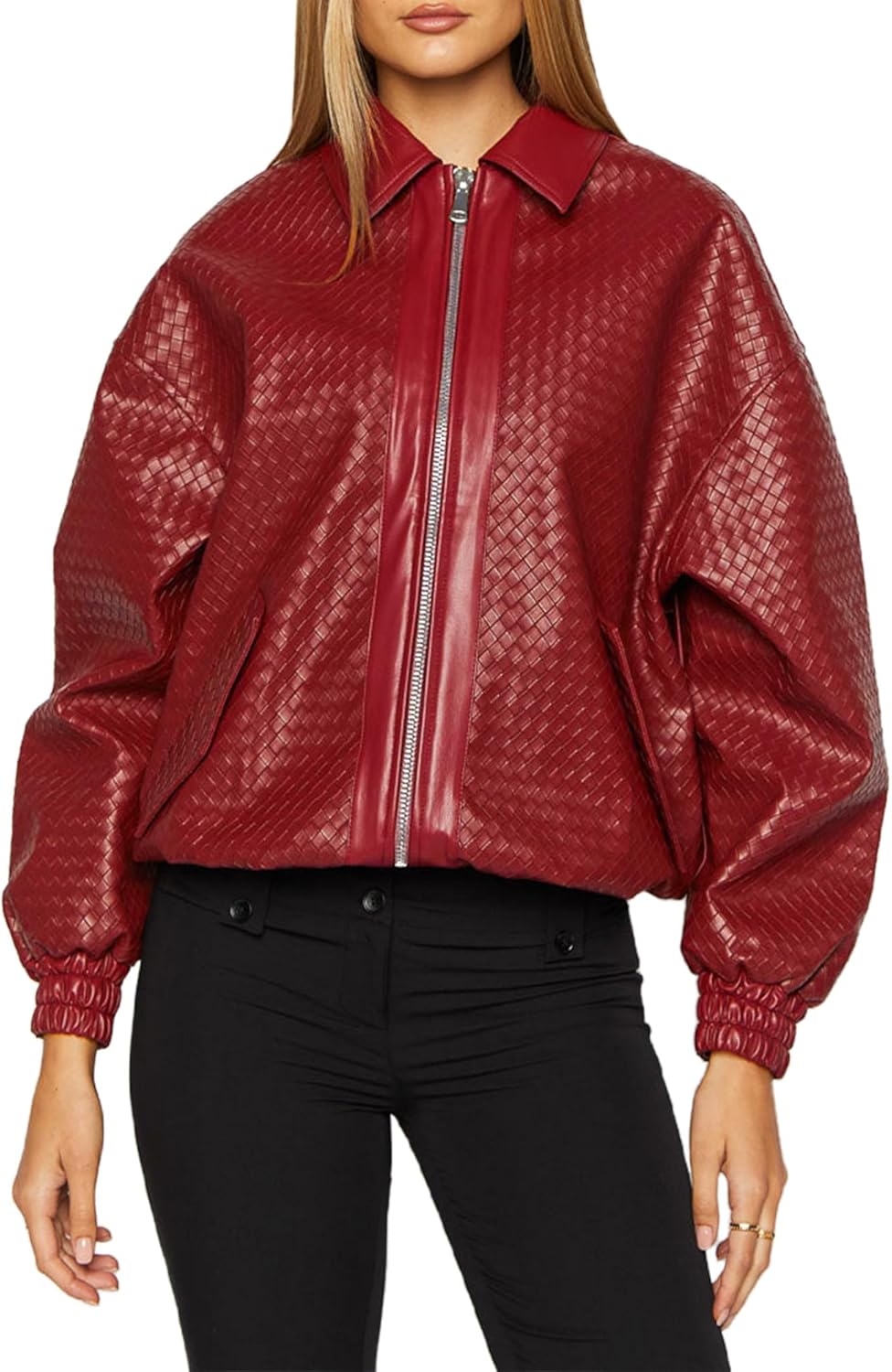 VOIKERDR Red Leather Jacket Women Trendy Zip Up Motorcycle Jackets Bomber Winter Coat Y2k Outfits