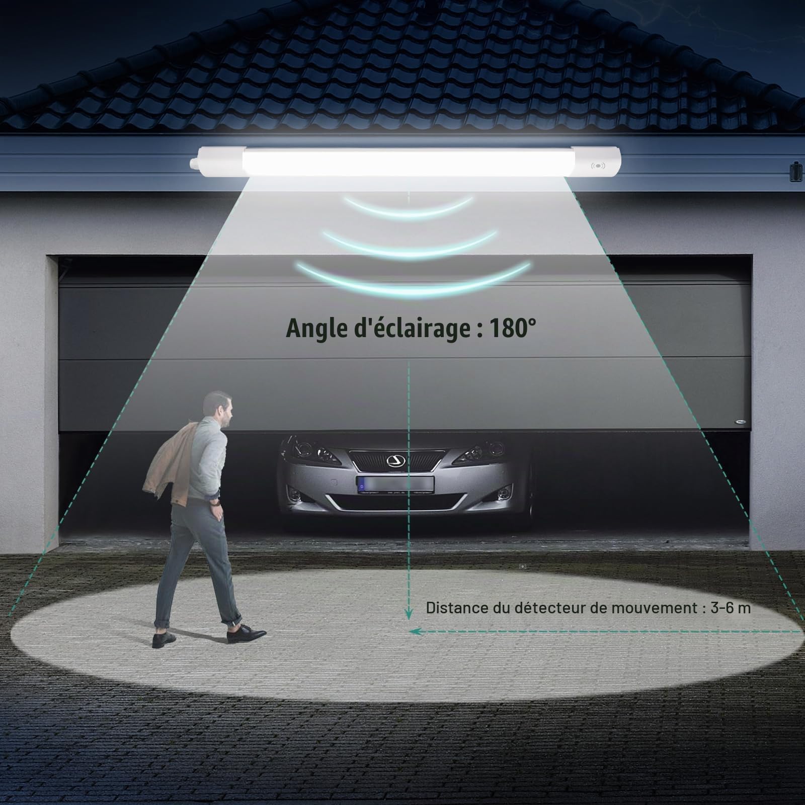 90CM Neon LED Tube avec Détecteur de Mouvement, IP65 Imperméable Reglette, 30W 3300LM Plafonnier LED Tube pour Atelier, Cave, Garage, Bureau, Cuisine