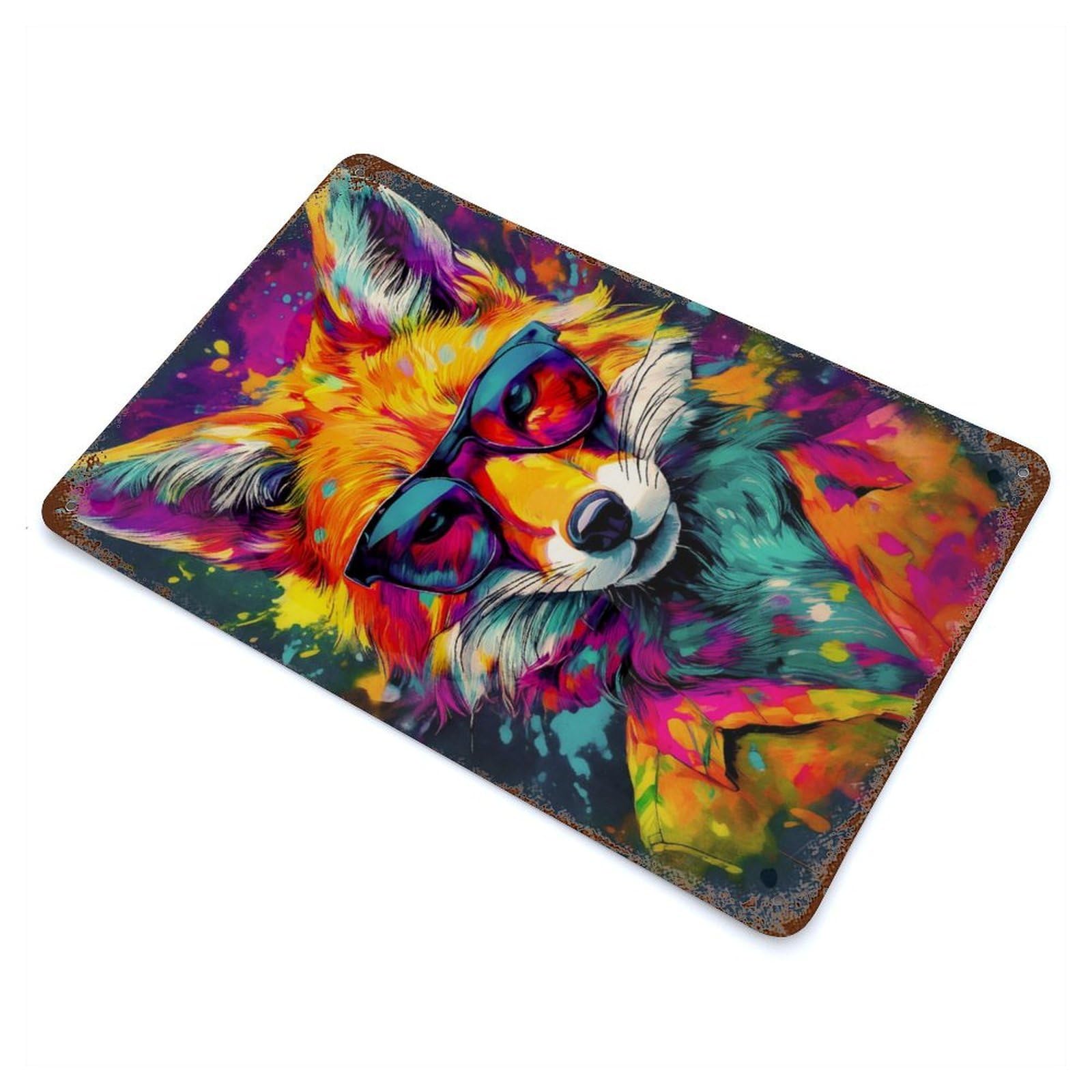 Rustic Tin Plaque Cool Fox in Sunglasses 11.8"x7.9", Retro Wall Decor for Shed, Workshop And Garage Wall Decor