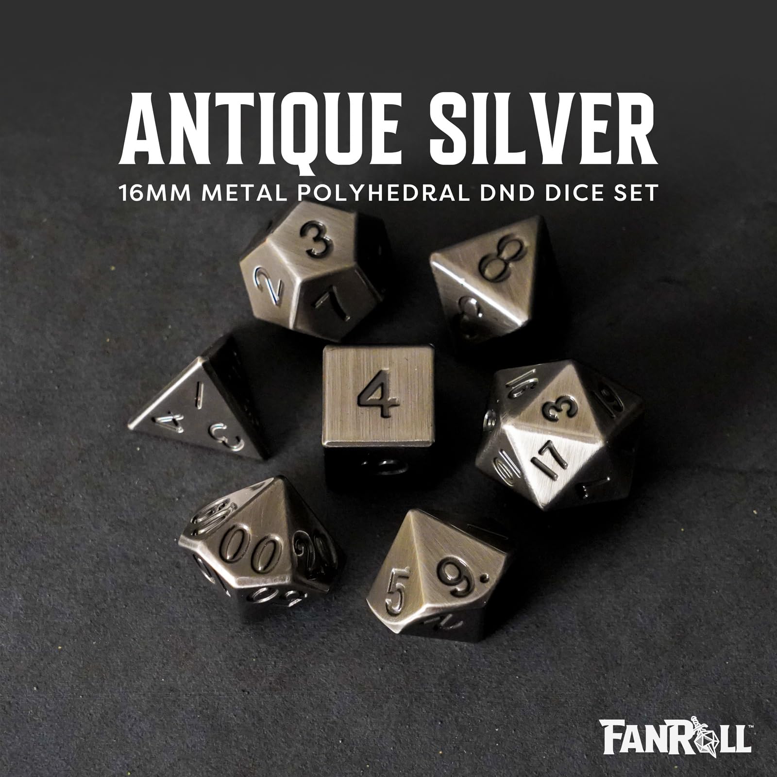 Metal Dice Polyhedral Set of 7 die (7) Antique Silver by Metallic Dice Games