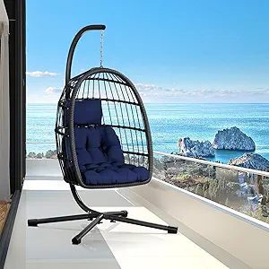 Egg Chair with Stand,Patio Rattan Wicker Hanging Swing Egg Chair Hammock Chair for Bedroom Porch Garden,Thickened Aluminum Alloy Steel Frame and UV Resistant Cushion,350LBS Capacity