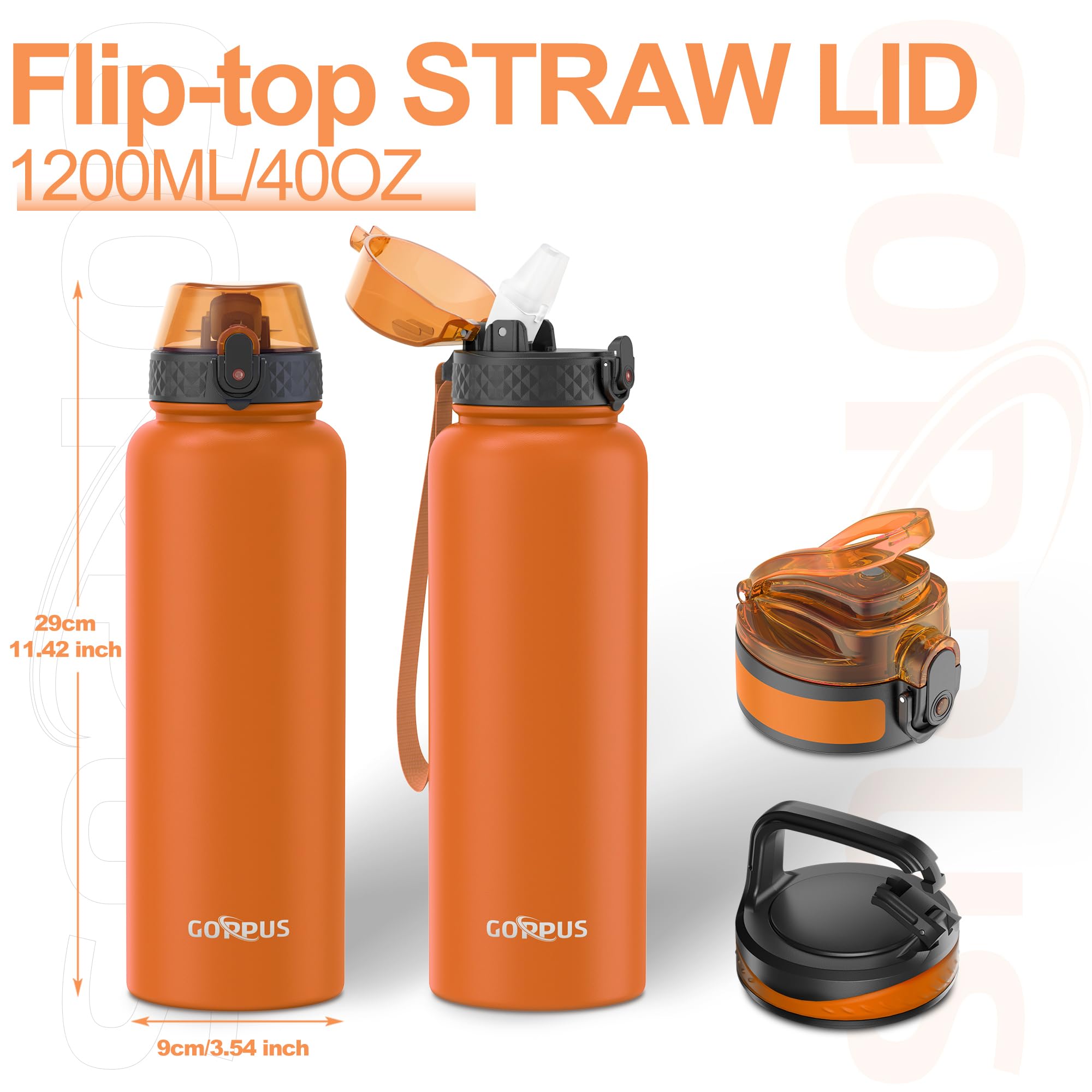 GOPPUS 1.2L/40oz Stainless Water Bottle with Straw Double Wall Insulated Bottles with Strap Large Vacuum Thermal Flask Leakproof Keep Cold Drinks Bottles with Flip Top Lid for Men Women BPA Free - Image 4