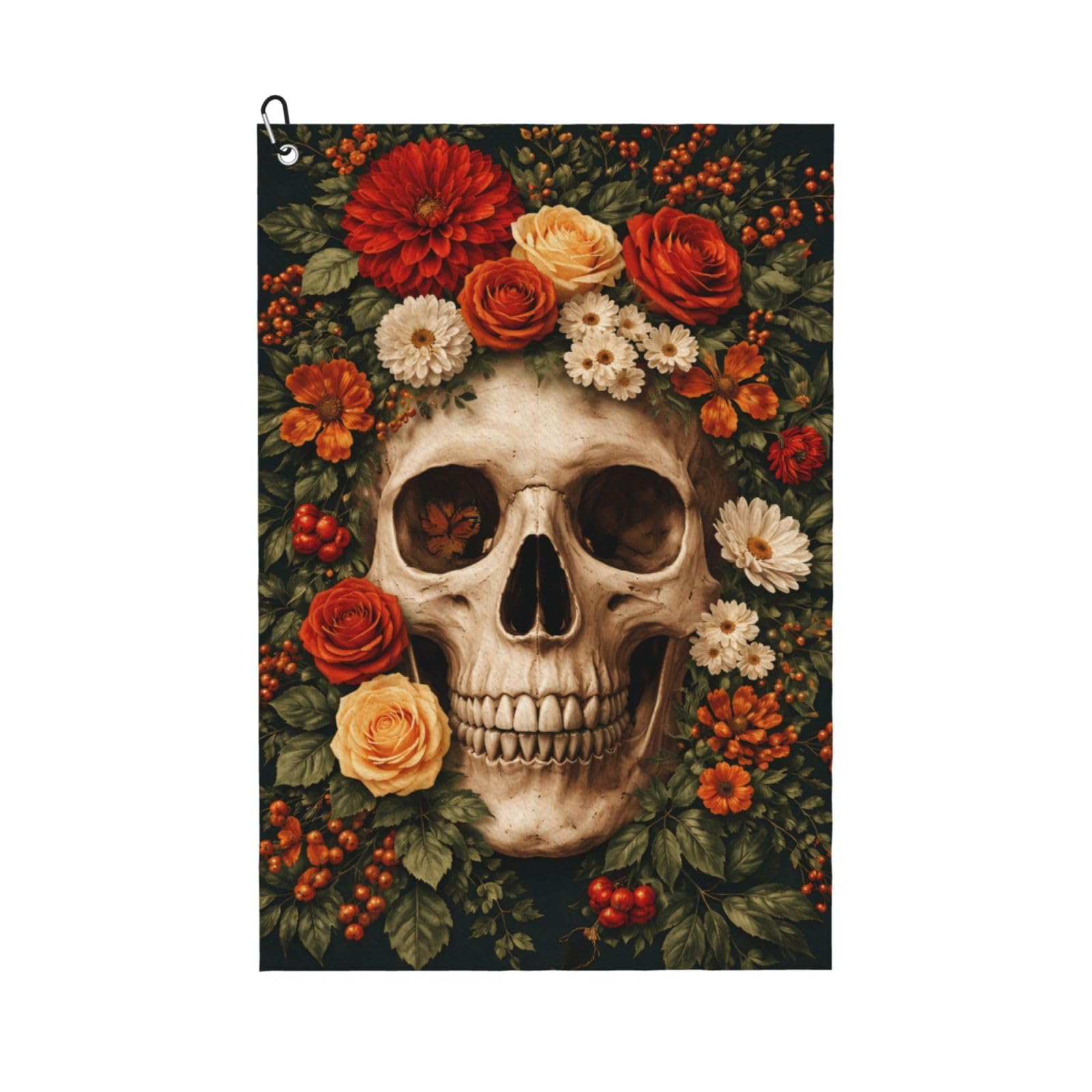 Oudrspo Dark Romanticism Skull & Colorful Flower Multi-Functional Golf Towel | Absorbent Quick Drying 16x24in