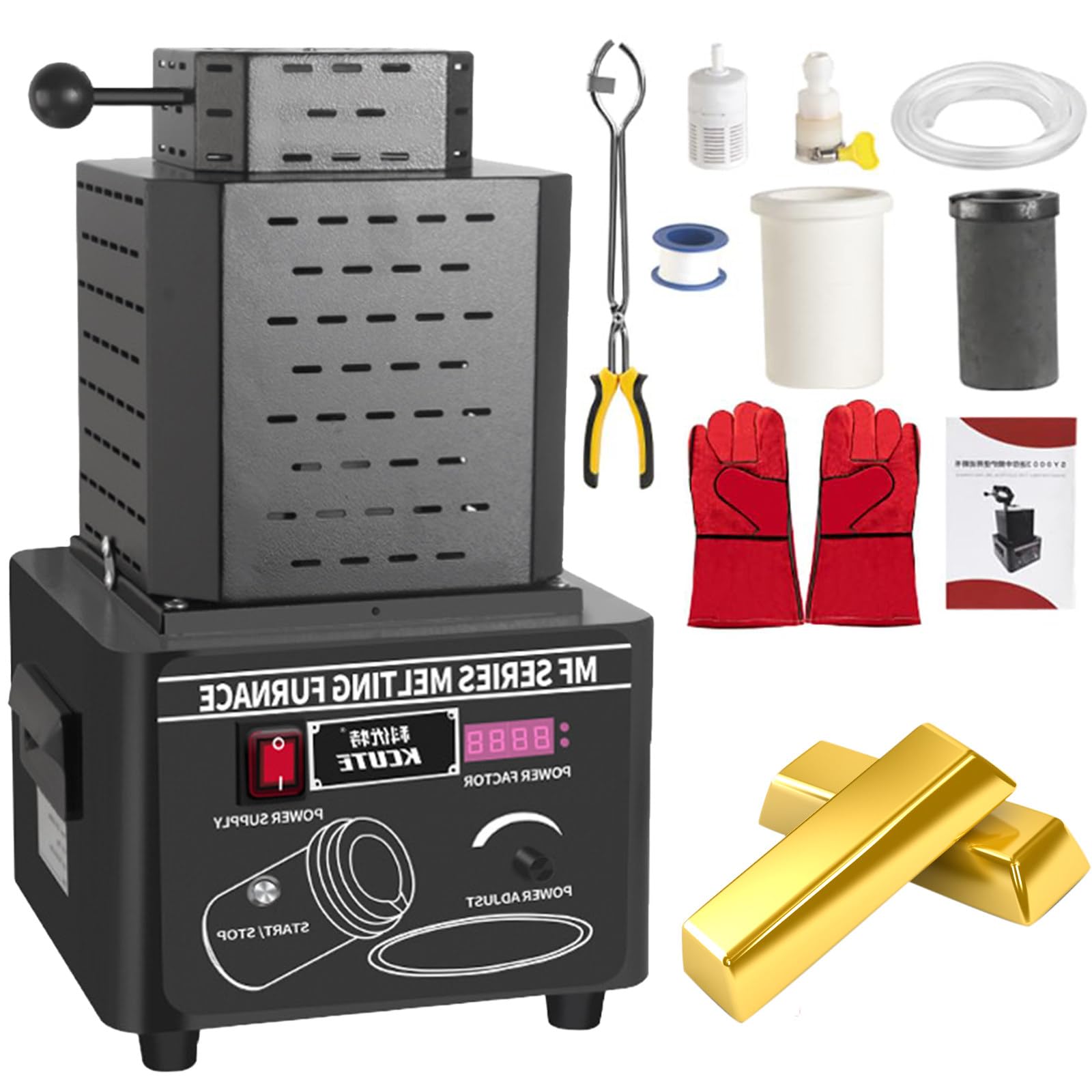 SENJINGHUA Electric Gold Melting Furnace, 1600℃ /2912℉ Digital Melting Furnace Machine, Metal Casting Kit With Graphite Crucible, 5000W Smelting Furnace, Smelting Time 3-5 Minutes Black-1kg