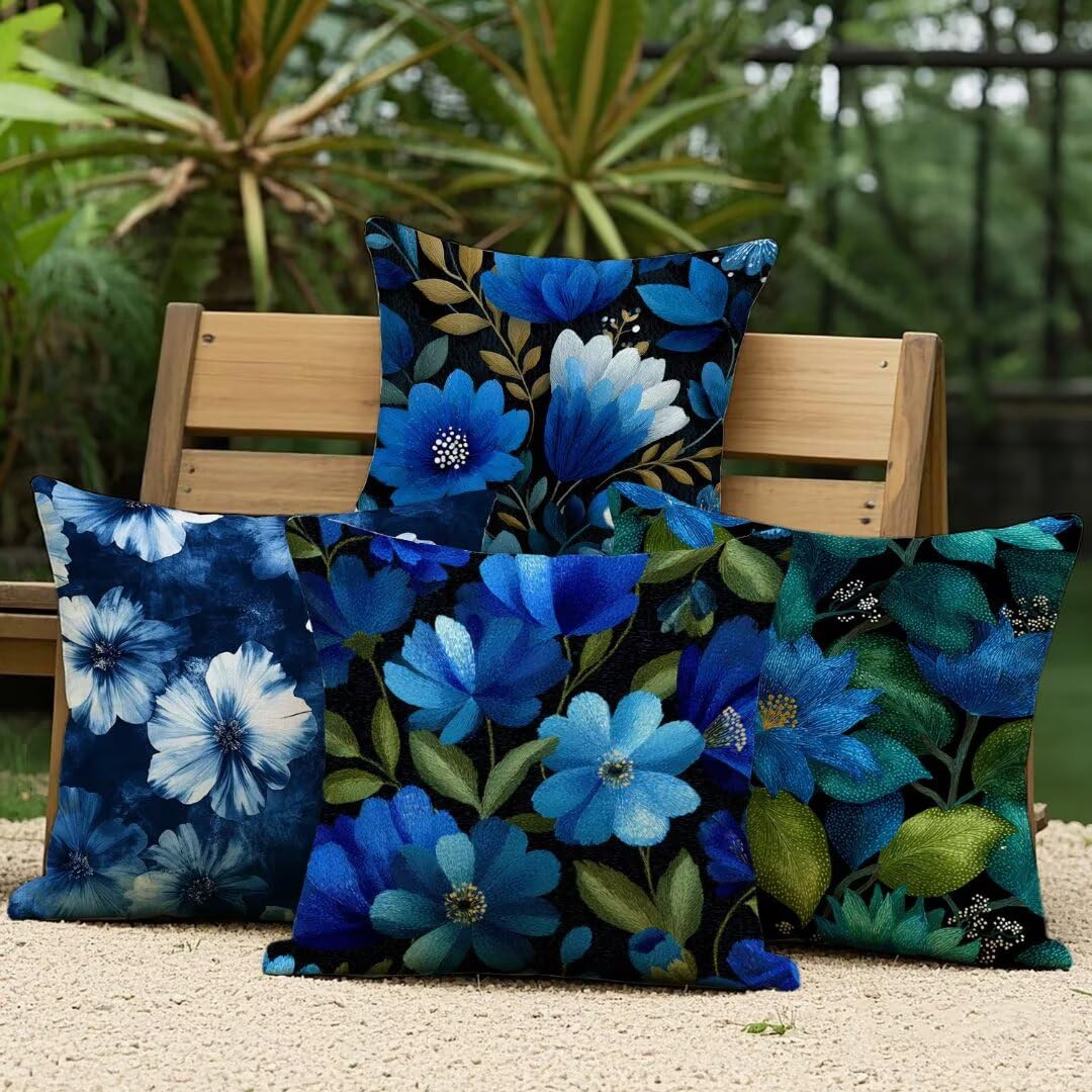 Fundas Cojines 40x40 cm Exterior Cojines Azul Oscuro Fundas de Almohada Juego de 4, Cuadrados Funda Cojin Flor Almohadas con Cremallera Invisible, Sofa Cama Decorativos para Hogar, Jardín, Salón Ym469
