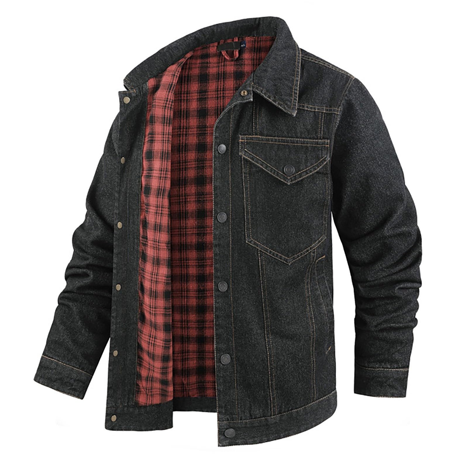 Chaqueta vaquera para hombre, forrada de franela, vintage, chaqueta de entretiempo lavada, chaqueta de franela desgastada, cuello alto, chaqueta de otoño, chaqueta de otoño con botón de