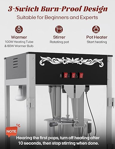 Miniatura 5 de Máquina comercial de palomitas de maíz con carro, auténtica máquina para hacer palomitas de maíz de 16 onzas con plataforma de calentamiento, Negro