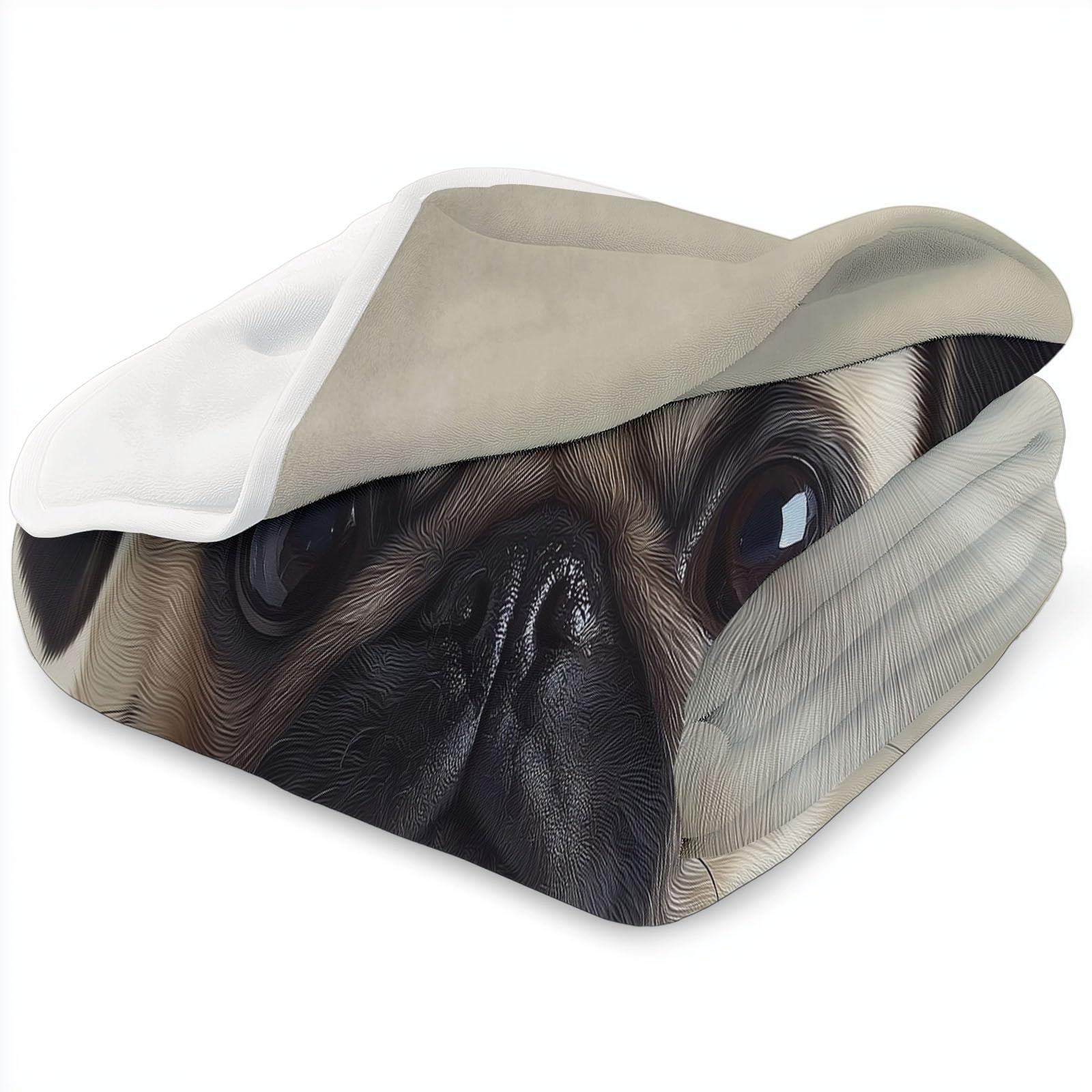 Koc polarowy flanelowy mops ze zwierzęciem, narzuta na sofę, wygodna narzuta na łóżko 2-osobowe w kratę zimowy, 220 x 240 cm khaki
