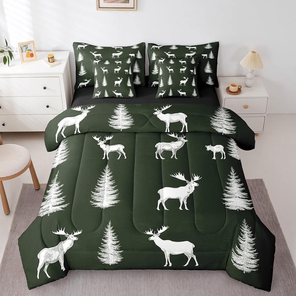 Erosebridal Elk Deer Bed in a Bag King Size Comforter Set 7 Pieces, Cute Abstract Bear Bedding Sets Woodland Wildlife Comforter and Sheet Set, Pine Trees Jungle Wild Animals Room Decor