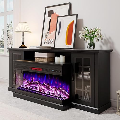 Miniatura 37 de Soporte de TV con chimenea eléctrica de vidrio de 3 lados, centro de entretenimiento multimedia de 59 pulgadas con gabinete de almacenamiento de