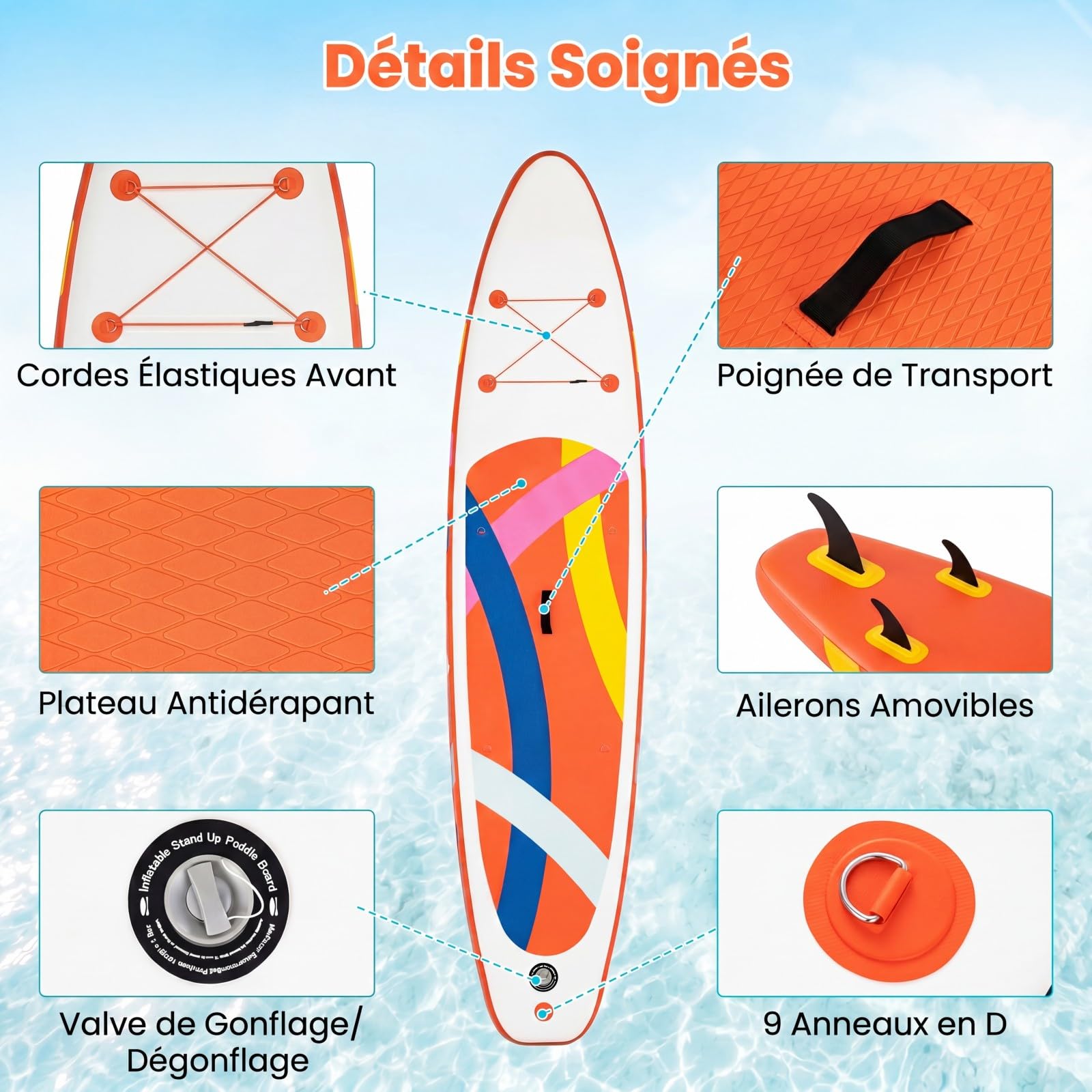 HOMASIS 336 x 77 x 16 cm Planche à Pagaie Gonflable, Planche de Surf avec Pagaie Réglable, Pompe à Main, 3 Ailerons, Anneaux en D & Laisse, Paddle Stand Up Léger pour Surf, Lacs, Mers