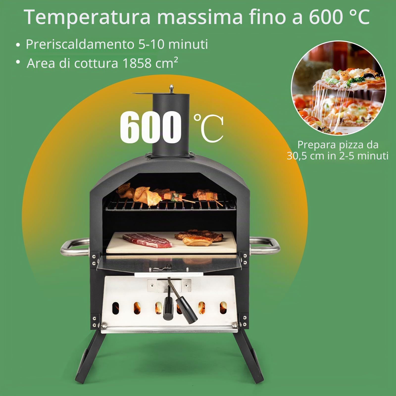 KOMFOTTEU Forno per pizza aperto per esterni 600°C, Acciaio inossidabile portatile 2 sezioni