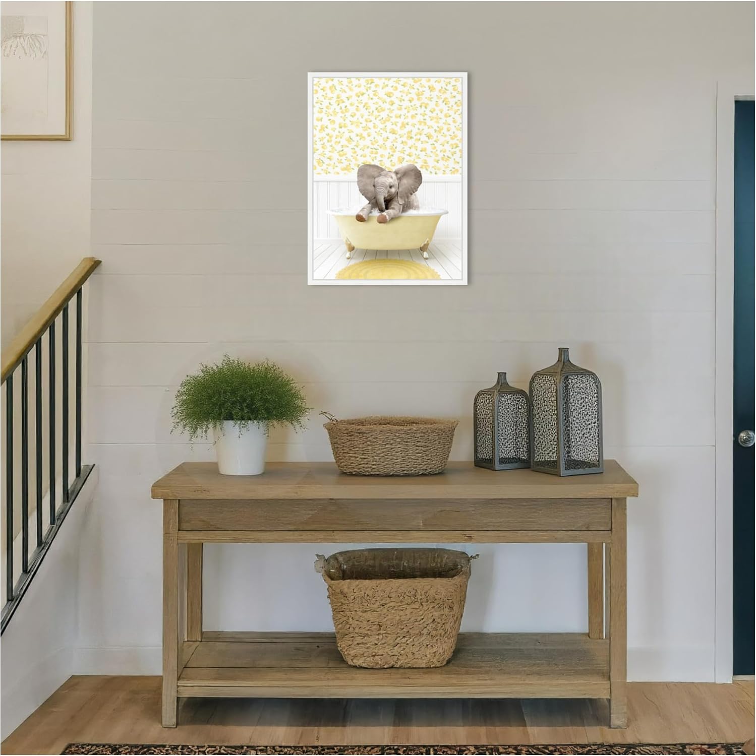 Kate and Laurel Baby Elephant 6 in Cottage Yellow Bathtub Framed Canvas Wall Art by Amy Peterson 18 x 24 Sylvie White, Whimsical, Animals, Bathroom Art for Wall Decor, Living Room, Bedroom