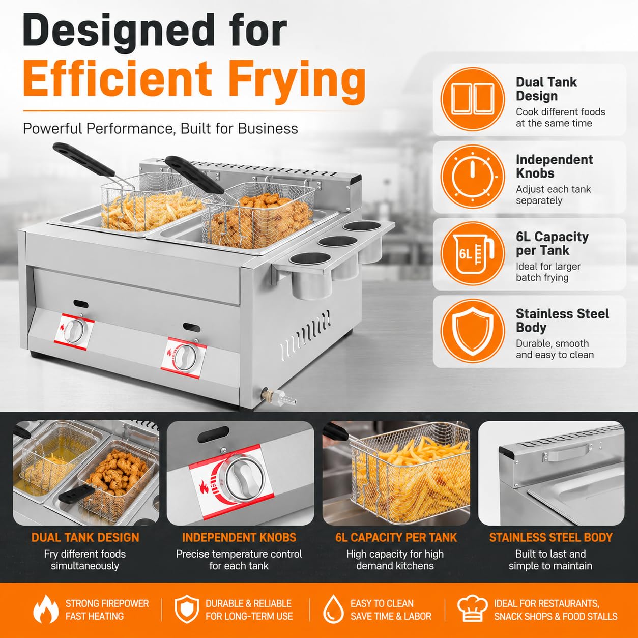 Friteuse à gaz double - 2 x 6 l - En acier inoxydable - Panier amovible - Contrôle de la température indépendant - Friteuse à graisse avec gobelet à épices - Pour usage commercial et privé