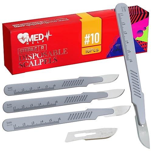 MedHelp Bisturí desechable 10 cuchillas de bisturí con mango de plástico cuchillas Dermablade de acero de alto carbono Cuchillas quirúrgicas 10