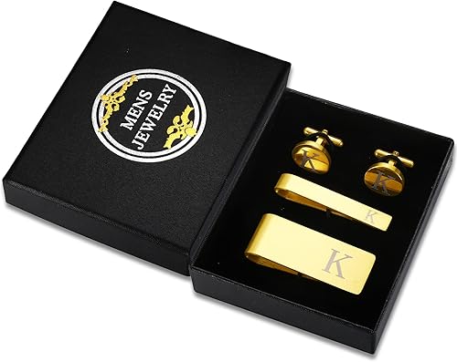 Miniatura 2 de LOYALLOOK 4Pcs Stainless Steel Engraved Initial Cufflinks and Tie Bar Money Clip Set Personalized Button Shirt Initials Tie Clip Alphabet Letter A-Z