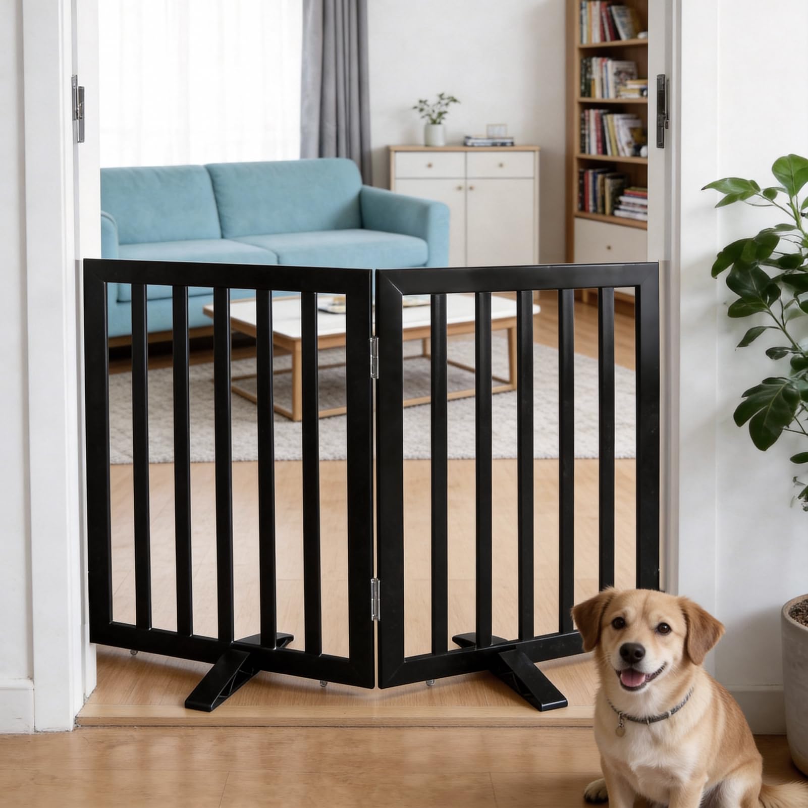 SFJC Pet Door Indoor, Freestanding Dog Fence for The House, Doorways, Hallways,or Stairs,Pet Gate Foldable Wooden,Expandable 24" Height 2 Panels,Black — image 1