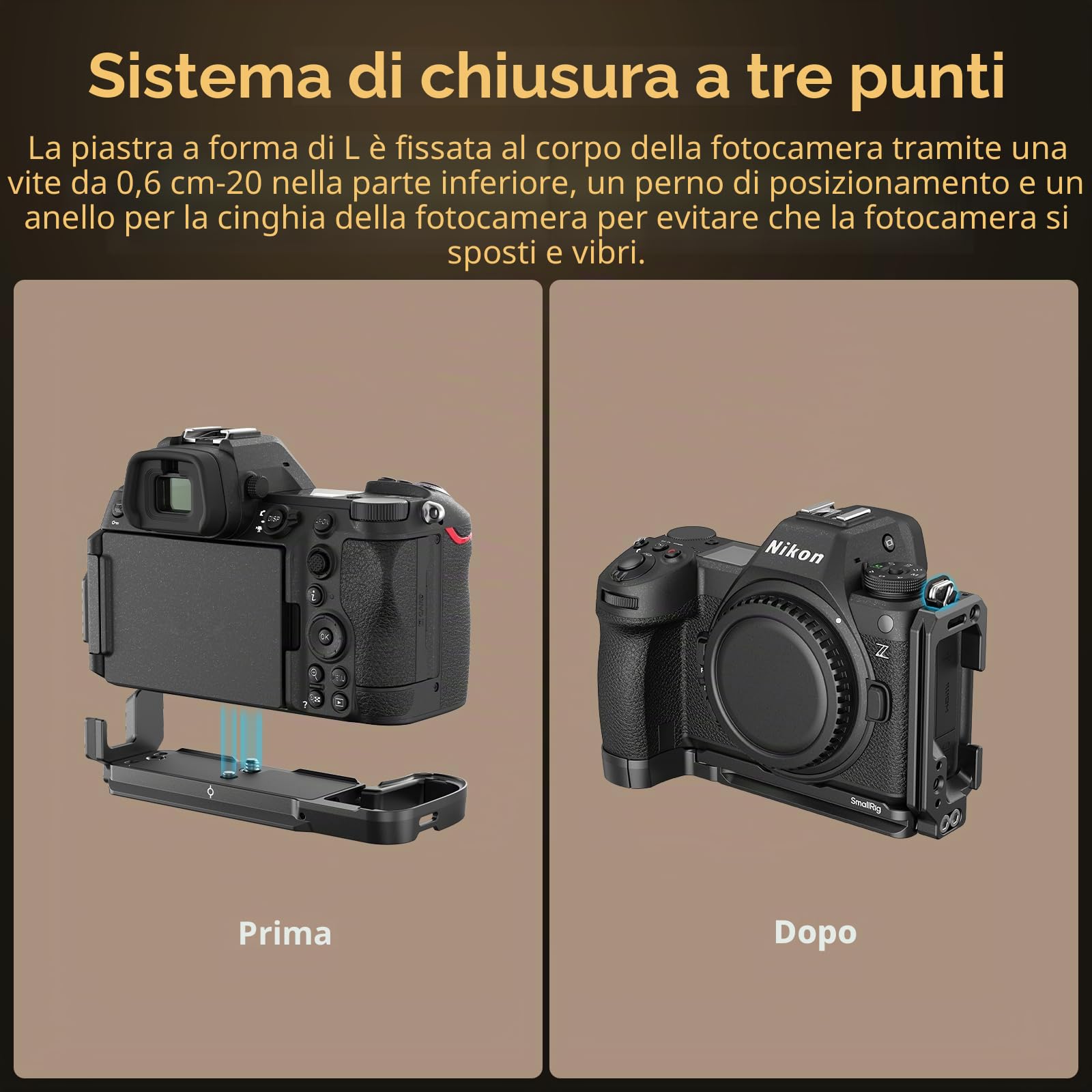 SMALLRIG Piastra a L per Nikon Z6III, Staffa a L per Arca, con Fori Filettati da 1/4"-20, Presa QD, Attacco Cold Shoe, per Riprese Orizzontali e Verticali - 4523