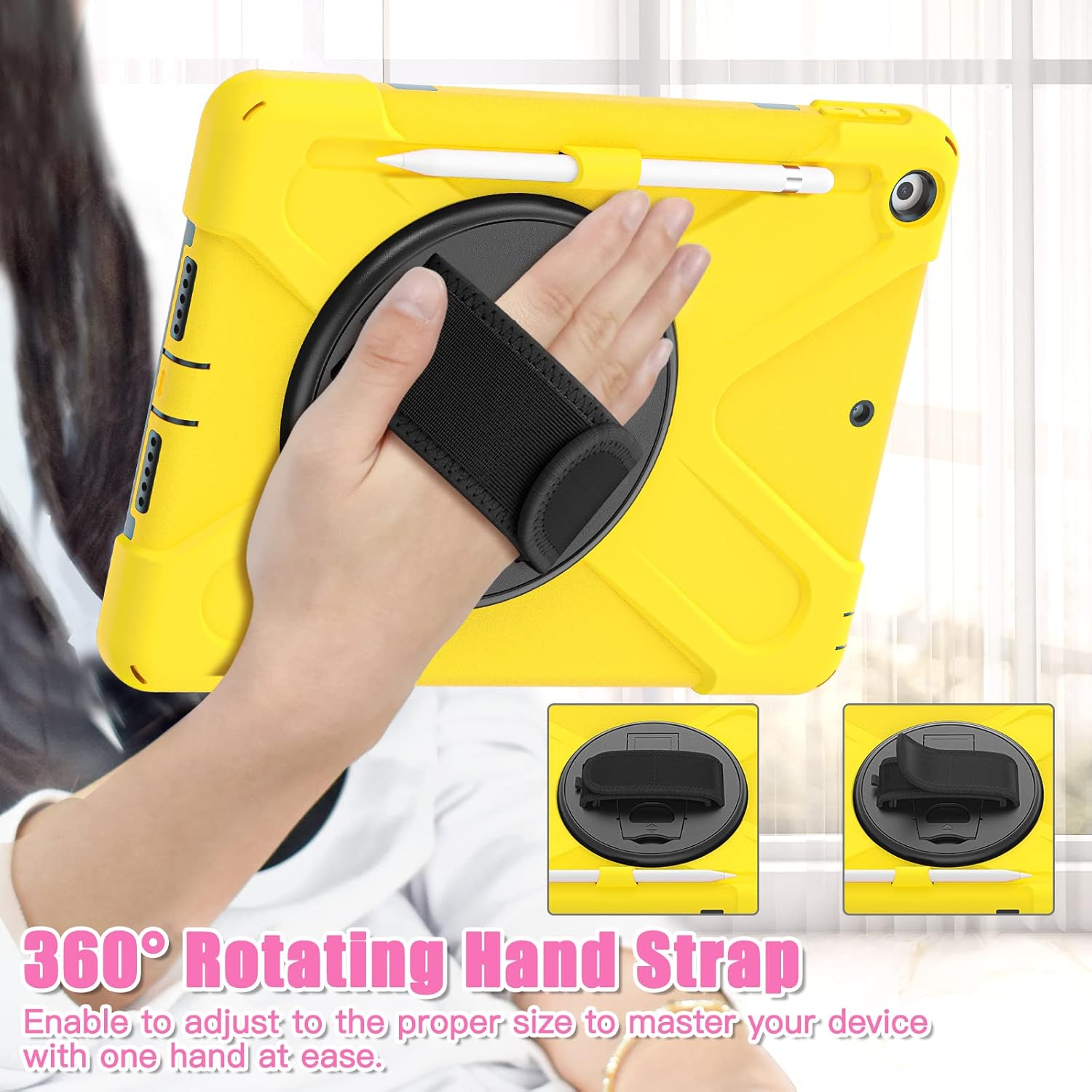 KIQ Rotating Case for iPad 9th Generation (2021) / 8th Generation (2020) / 7th Gen (2019) 10.2 Inch - 360 Rotating Stand Protective Drop-Proof Cover with Pencil Holder/Shoulder Strap Yellow