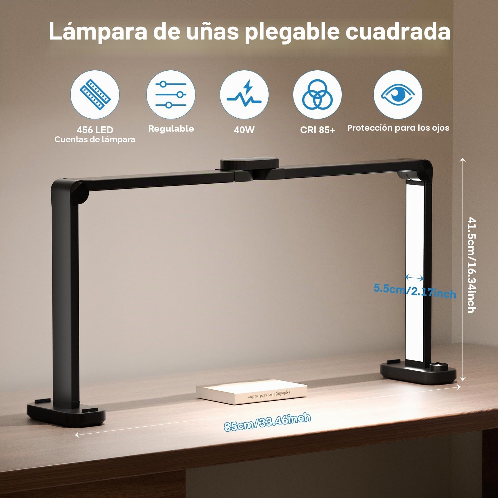 Lámpara de escritorio plegable de media luna de 33.5 pulgadas, 3000 K-6000 K, luz de uñas regulable para escritorio, lámpara LED cuadrada de 40 W con soporte para teléfono para tecnología de uñas,