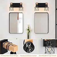 Vista 3 de FadimiKoo Lámparas de Tocador de Baño Estilo Granja de 2 Luces, Iluminación de Baño de Madera Sobre Espejo, Apliques de Pared Rústicos Negros