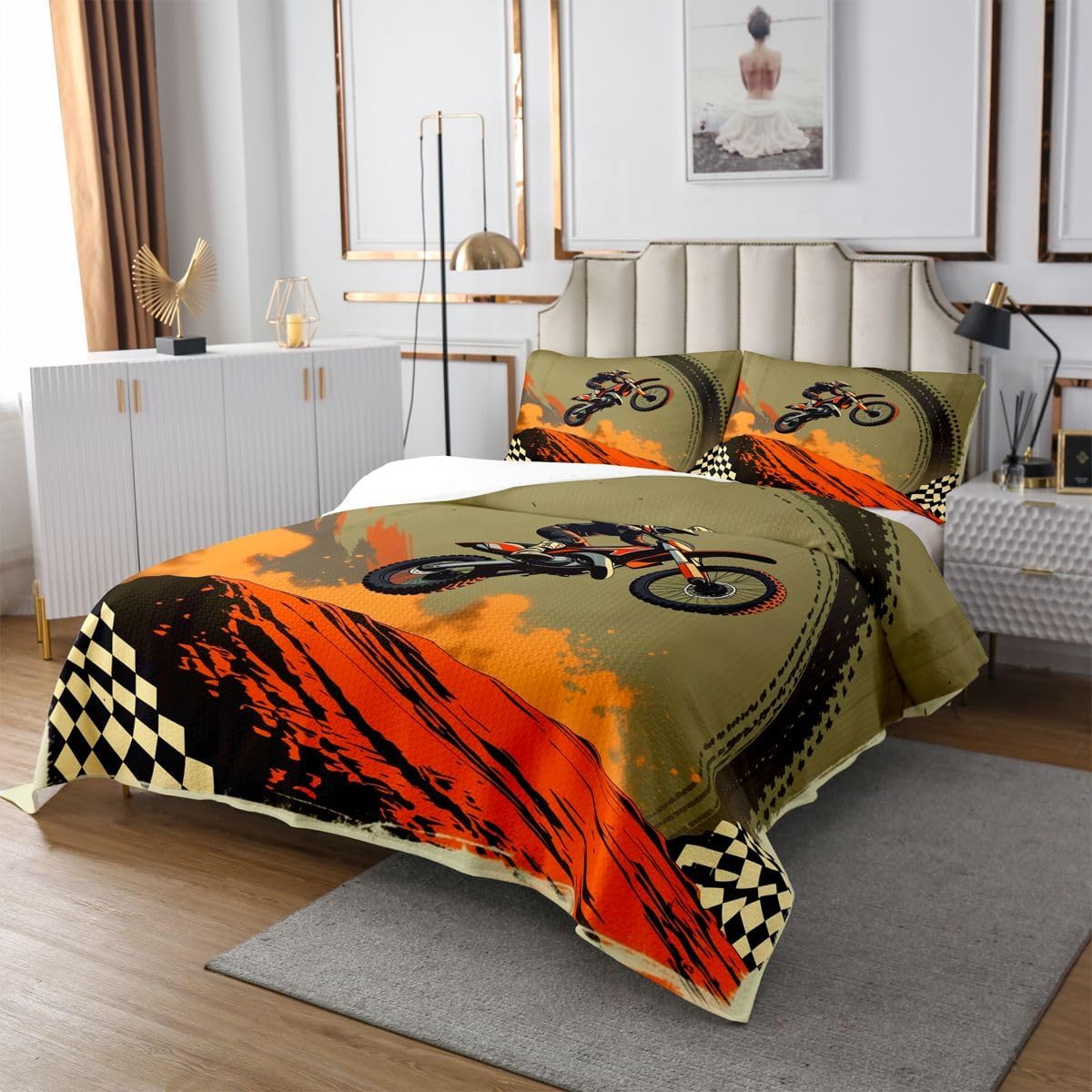 jejeloiu Dirt Bike Bedspread 3 Pieces King Size Motorcycle Racer Coverlet Set Soft Cozy Cool Motocross Lightweight Quilted Coverlet for All Season with 2 Pillowcases Motorcycle