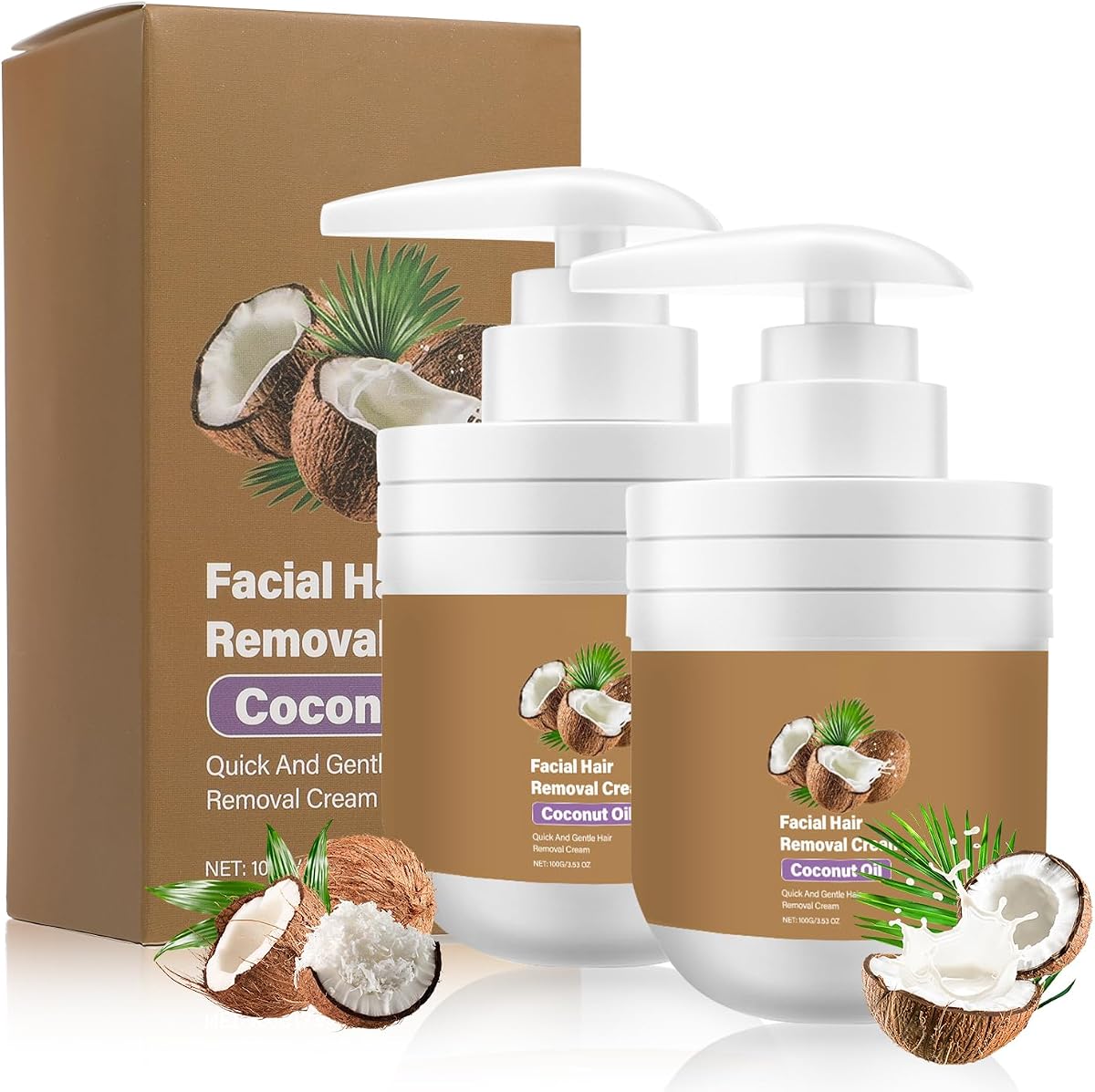 Coconut Oil Facial Hair Removal Cream, Facial Hair Removal Cream for Women, Facial Depilatory Cream, Coconut Oil Based Gentle Body Hair Remover Cream for Smooth Skin, All Skin Types, 3.53 oz, 2 Pack