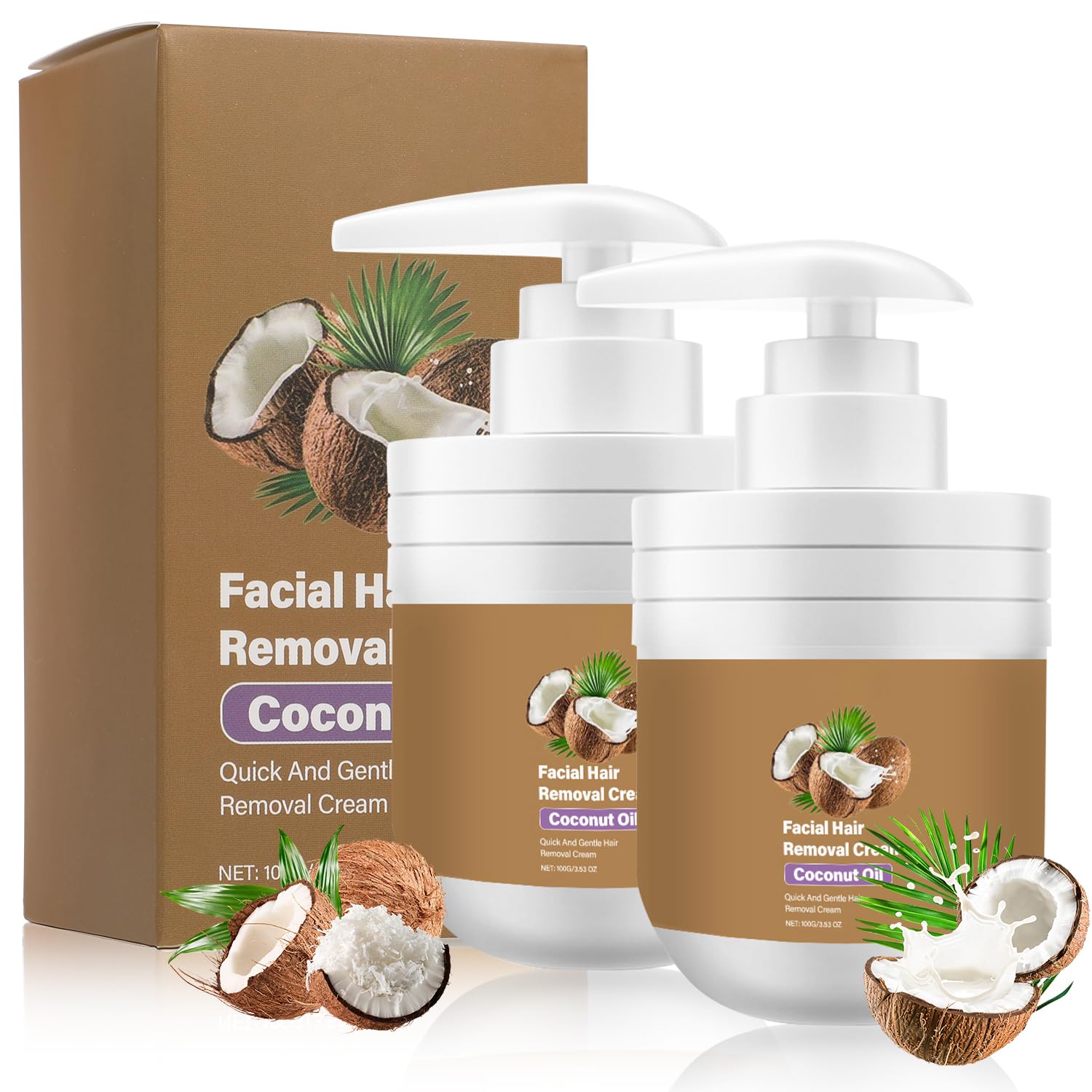 Coconut Oil Facial Hair Removal Cream, Facial Hair Removal Cream for Women, Facial Depilatory Cream, Coconut Oil Based Gentle Body Hair Remover Cream for Smooth Skin, All Skin Types, 3.53 oz, 2 Pack