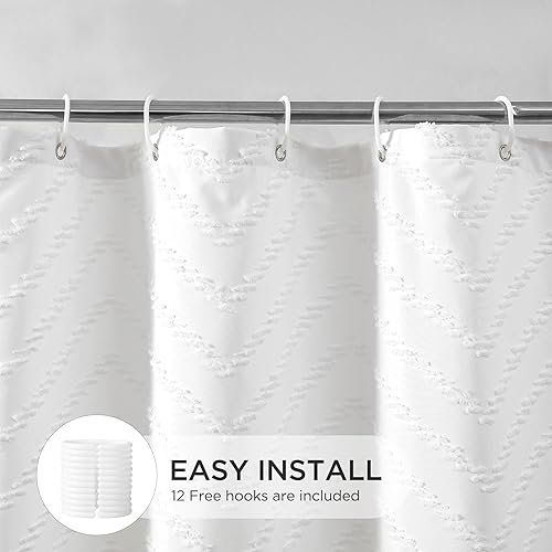 Miniatura 6 de Cortina de ducha bohemia blanca de tela tejida de 72 x 78 pulgadas, moderna cortina de ducha de baño con textura de estilo rústico copetudo,