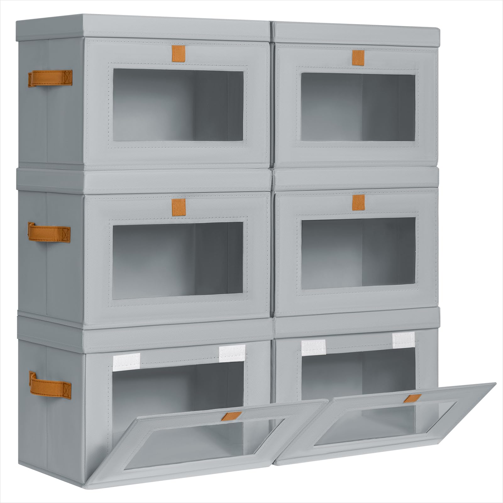 Homsorout Aufbewahrungsboxen mit Deckel - 6er Set Aufbewahrungskorb Stoff Faltbare Aufbewahrungsbox mit Transparentem Sichtfenster, 35 x 25 x 25 cm Faltbox für Kleidung, Würfelregal, Grau