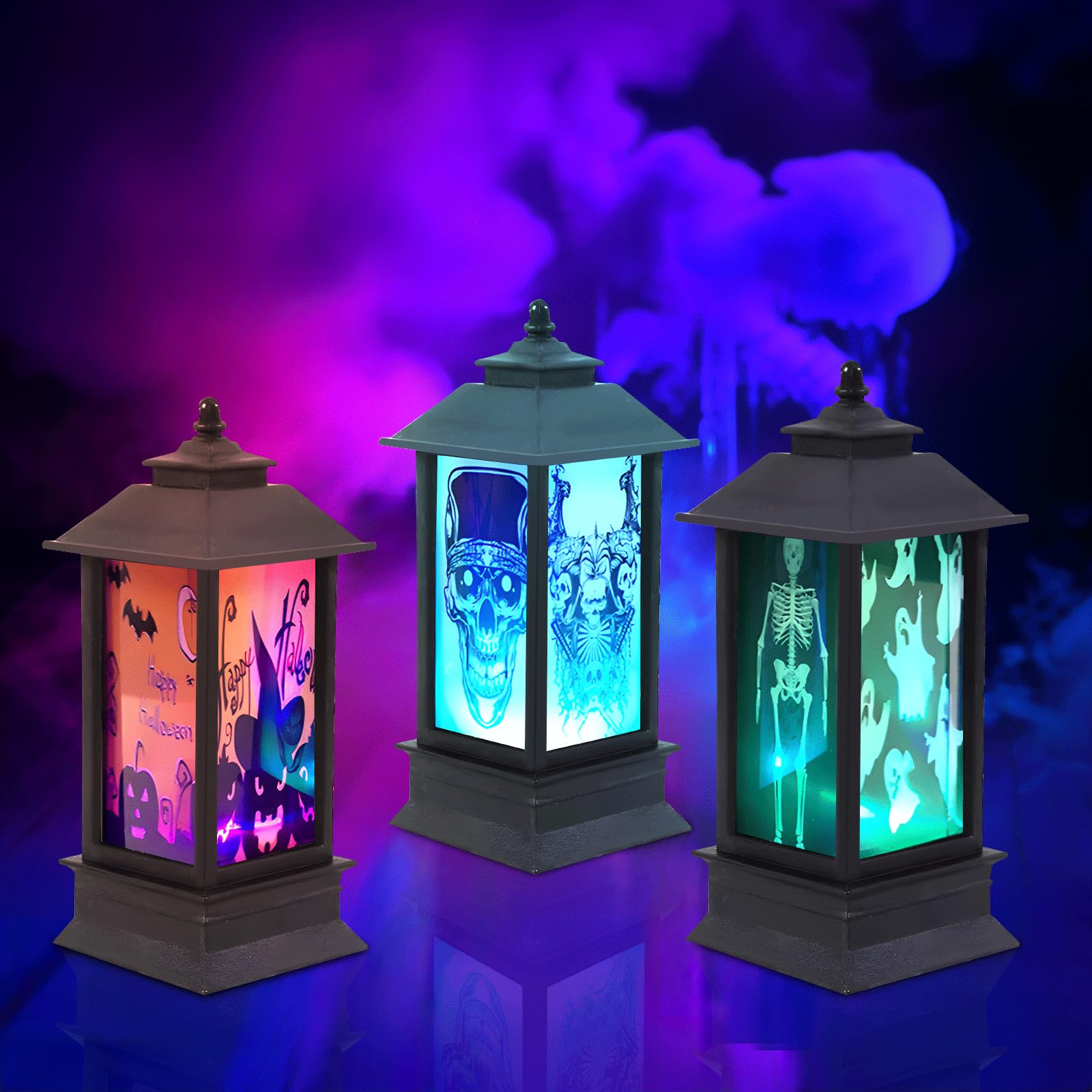 3PCS Halloween LED Candle Lanterns Skull Skeleton Bat Lantern Mini Halloween Decoration Lights with LED Tea Light Fireless Candles Lamp for Halloween Party Decorations, 5*1.9 Inches