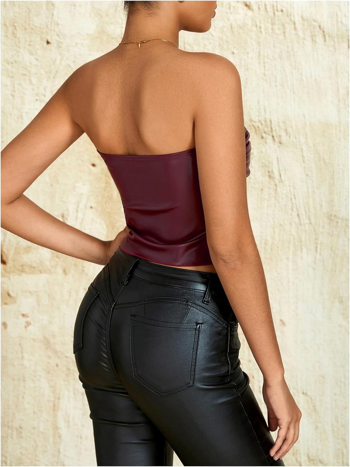 Milumia Women's Ruched Pu Leather Tube Top Strapless Split Hem Bandeaus Partywear - Image 3