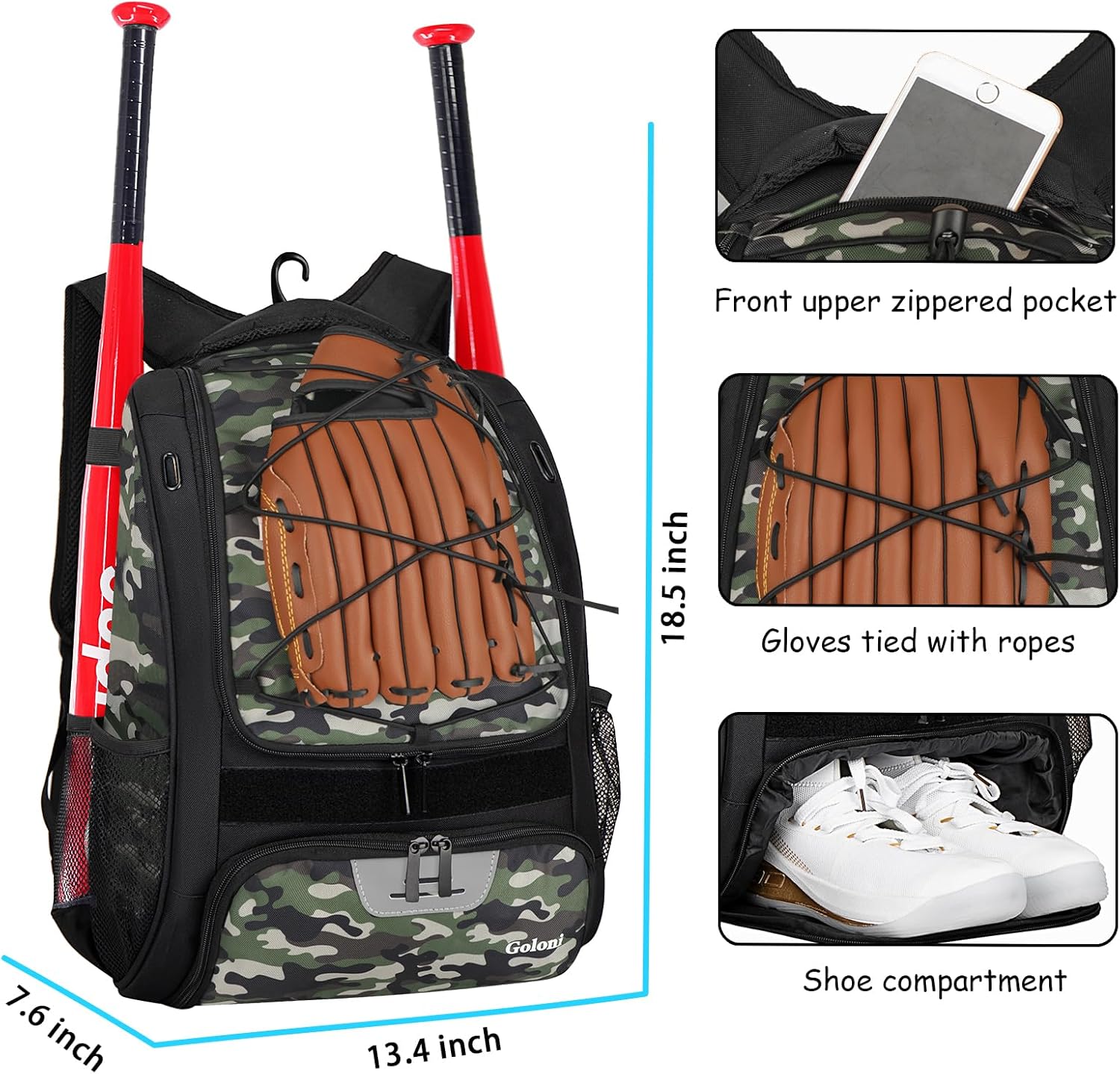 Goloni | Baseball Backpack,Baseball Bag for Adult,Softball Bat Bag with Shoes Compartment,Large Main Compartment for Helmet & accessories, Fence Hook