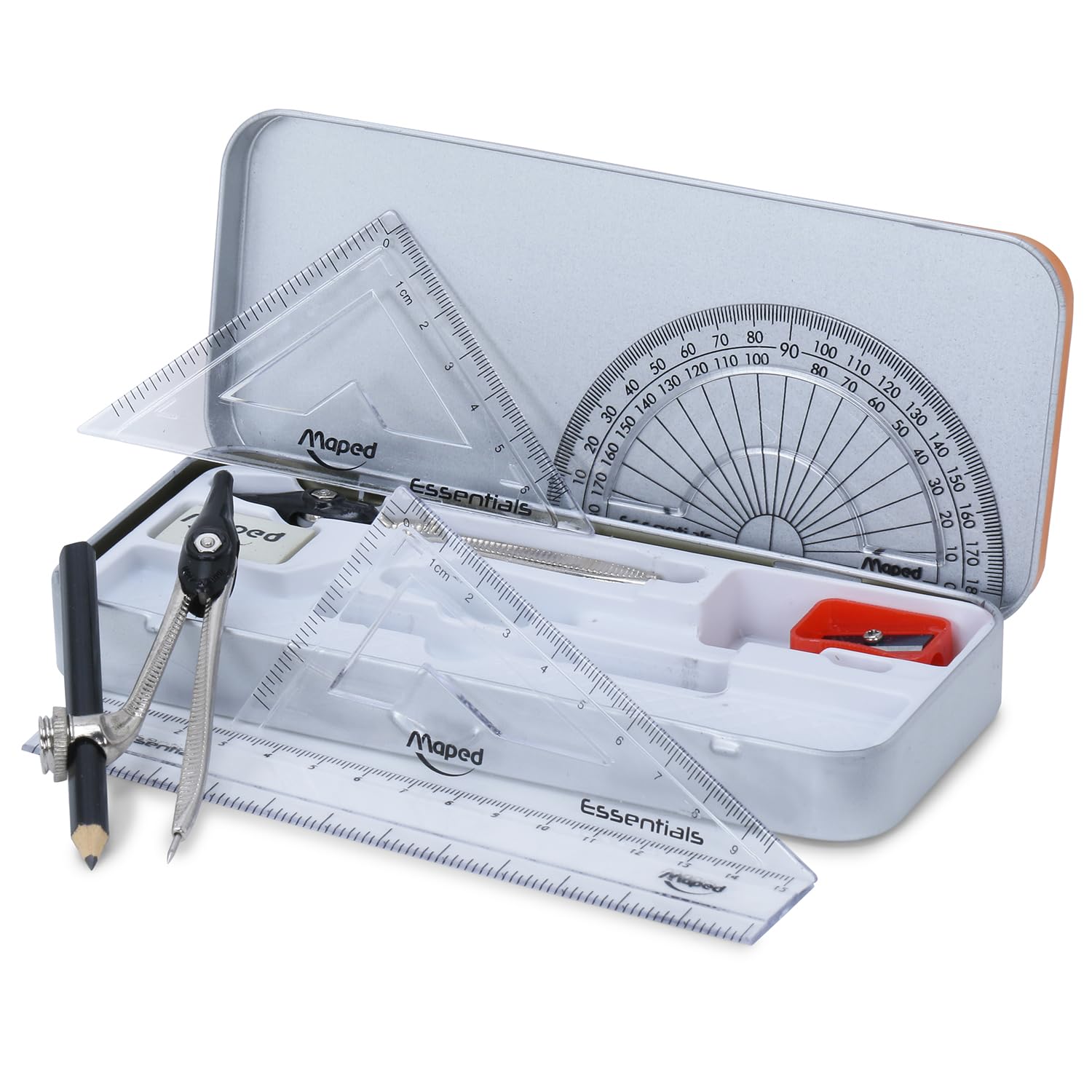 Maped Kit de papelería escolar, 20 piezas, caja geométrica de alta calidad, juego de 9 piezas con 10 lápices oscuros, kit esencial de papelería escolar, productos de alta calidad con experiencia de