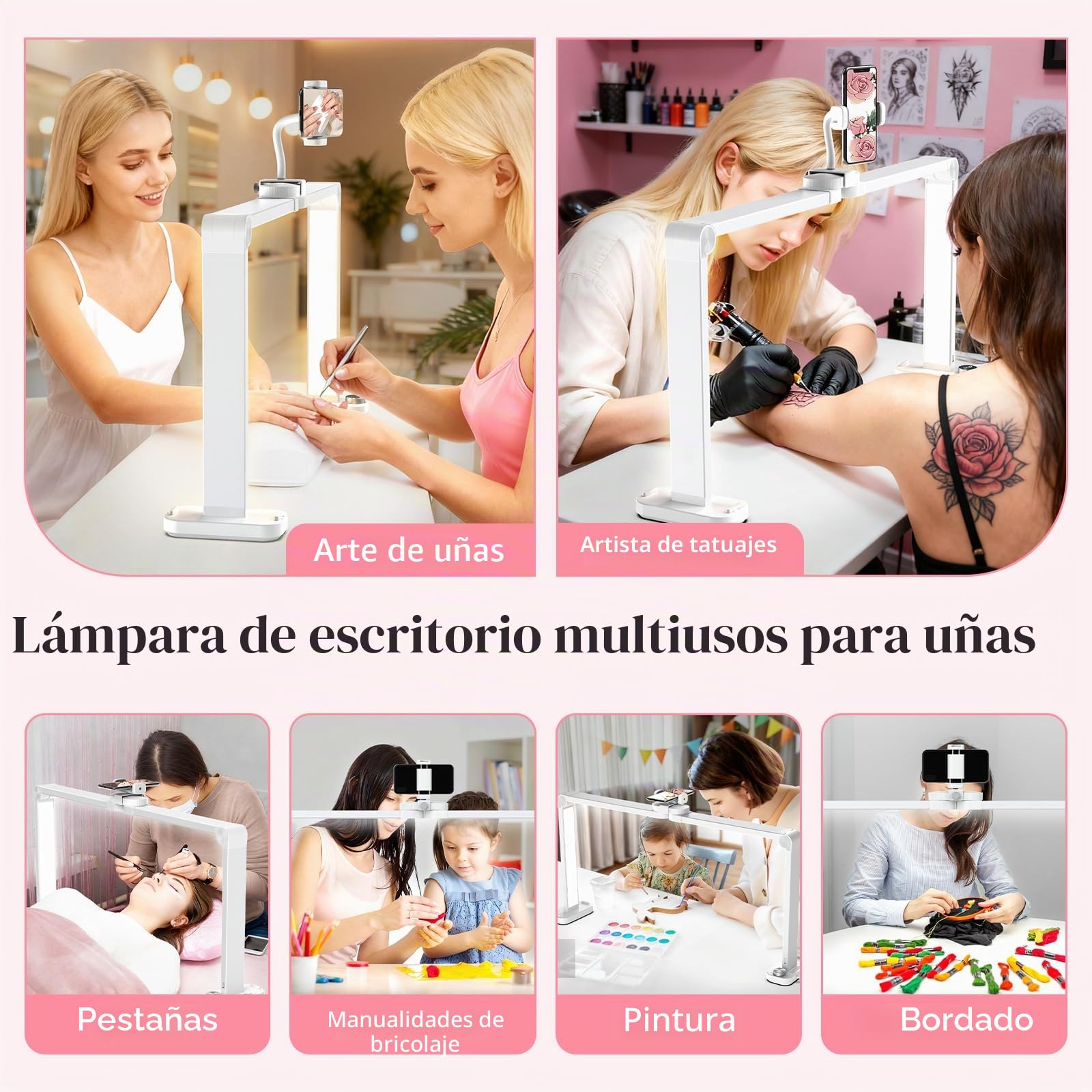 Media Luna Lámpara para Uñas: 34" Lampara Media Luna con Soporte - 3 Modos de Color y 10 Niveles de Brillo Ajustables para Manicura (Blanco)