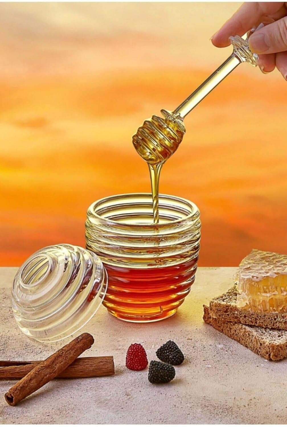 Stylish Hive-Shaped Glass Honey Jar Set with Spoon - 3 Pieces | Perfect for Honey and Jam Storage