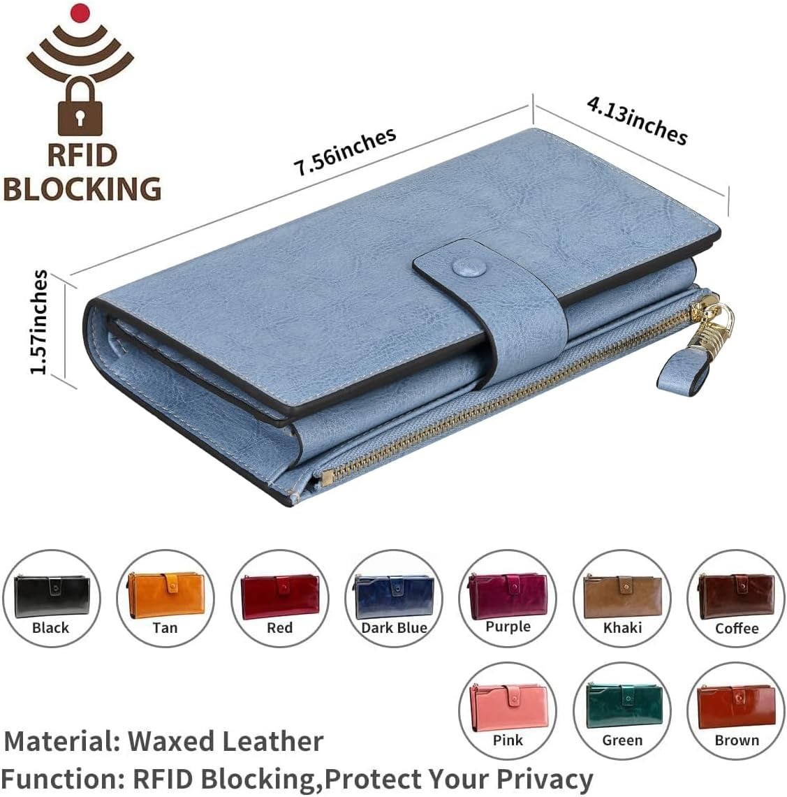 Itslife Womens Wallet RFID Blocking Large Capacity Luxury Wax Genuine Leather Wallets Clutch Wallet Ladies Card holder,Denim Blue image 5