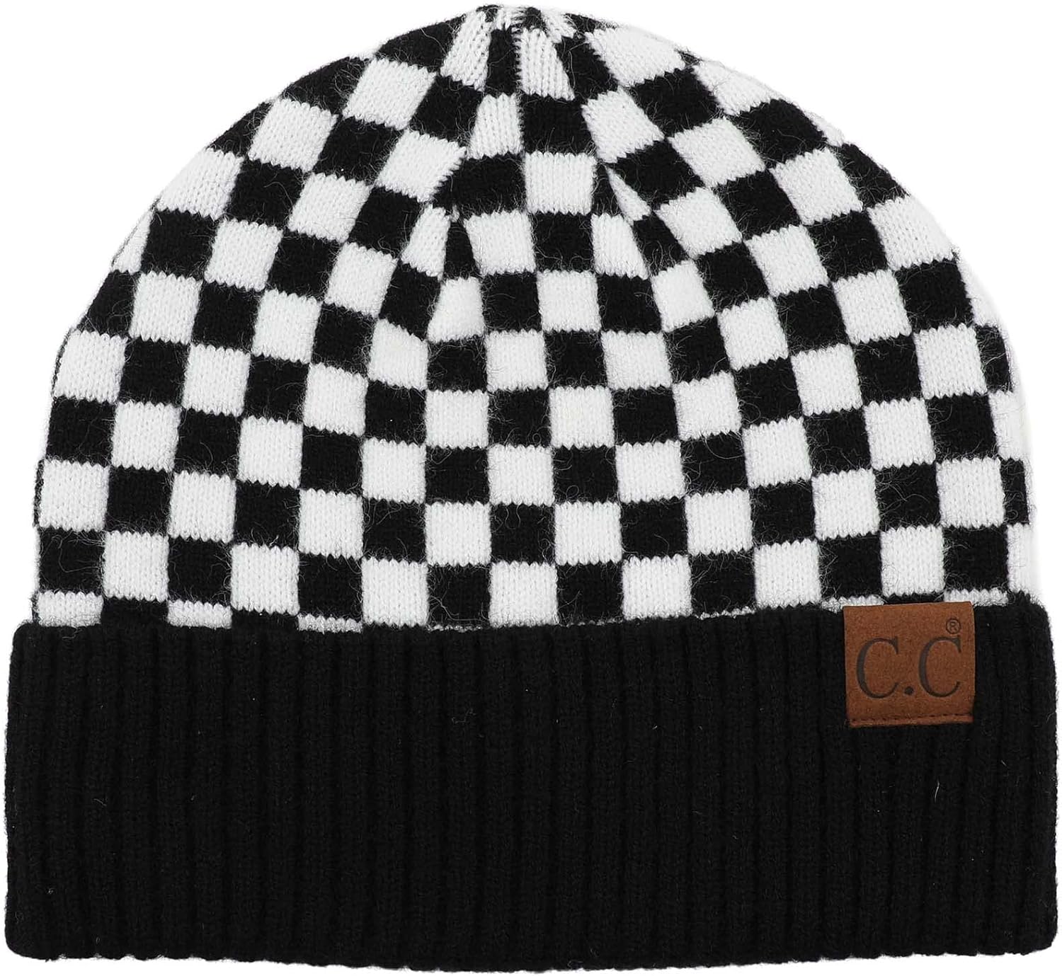 C.C Classic Winter Fall Trendy Chunky Stretchy Cable Knit Beanie Hat (Cuffed Checkered Black), One Size