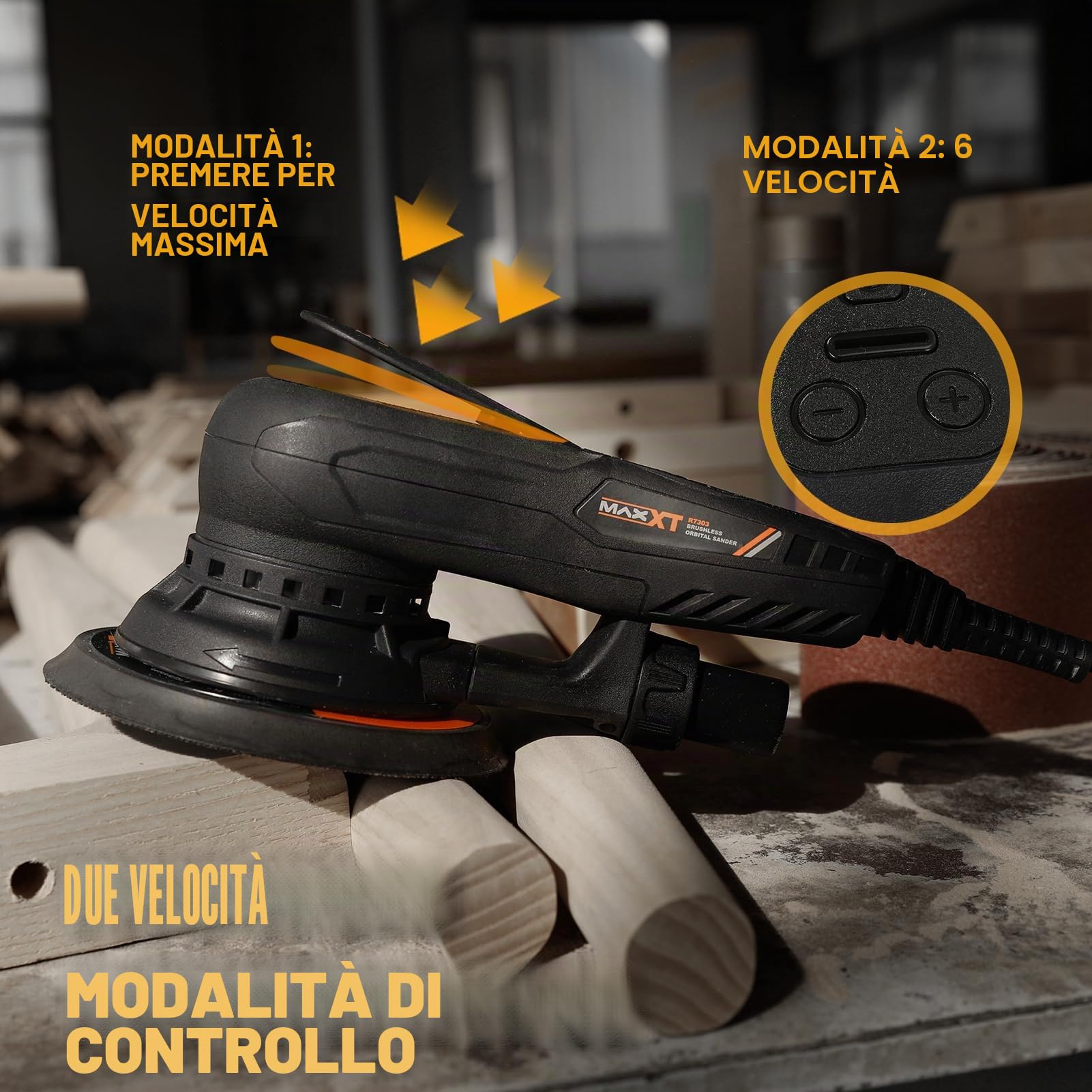 MAXXT Aggiornato da 5,0mm Levigatrice Orbitale Casuale Brushless Multifunzione a Velocità Variabile con 10 dischi abrasivi da 150mm per la Lavorazione del Legno