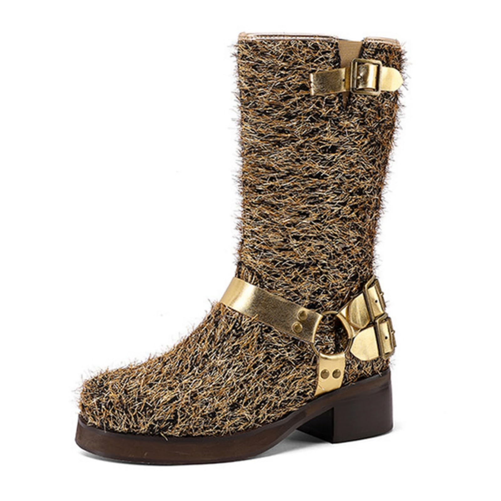 Goolita Fur Buckle Biker Boots Women Square Toe Chunky Heel Metallic Mid Calf Boots Slip On Motorcycle Riding